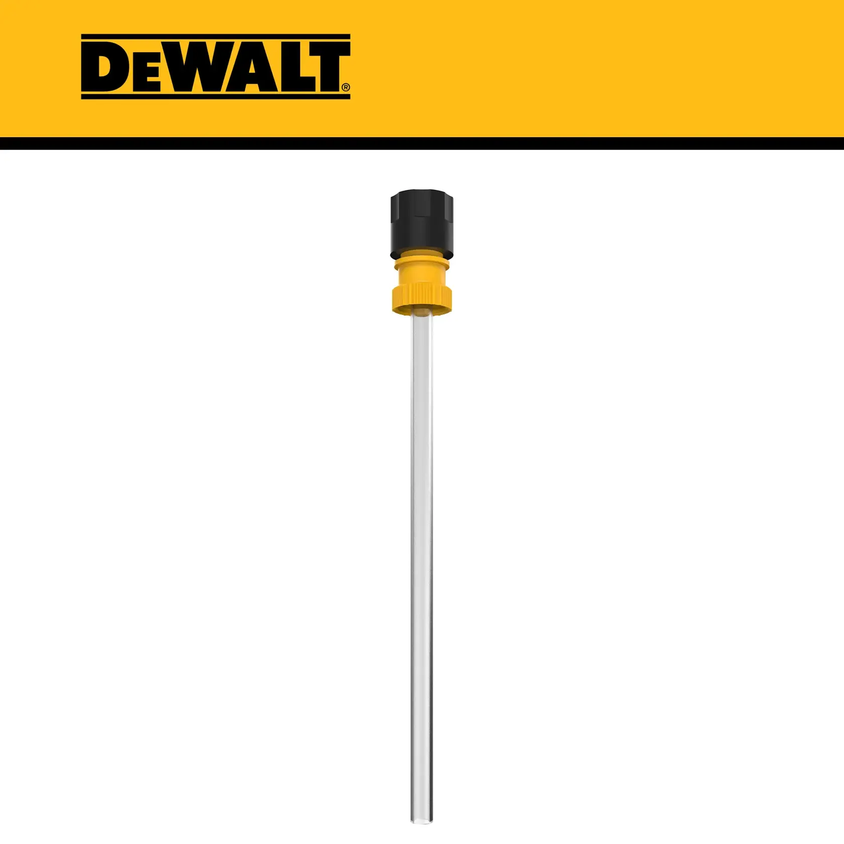 A DEWALT branded product showing a long, cylindrical nozzle attachment with a black and yellow connector at the top. The nozzle appears to be made of metal or plastic and is used as an accessory for power tools or equipment.