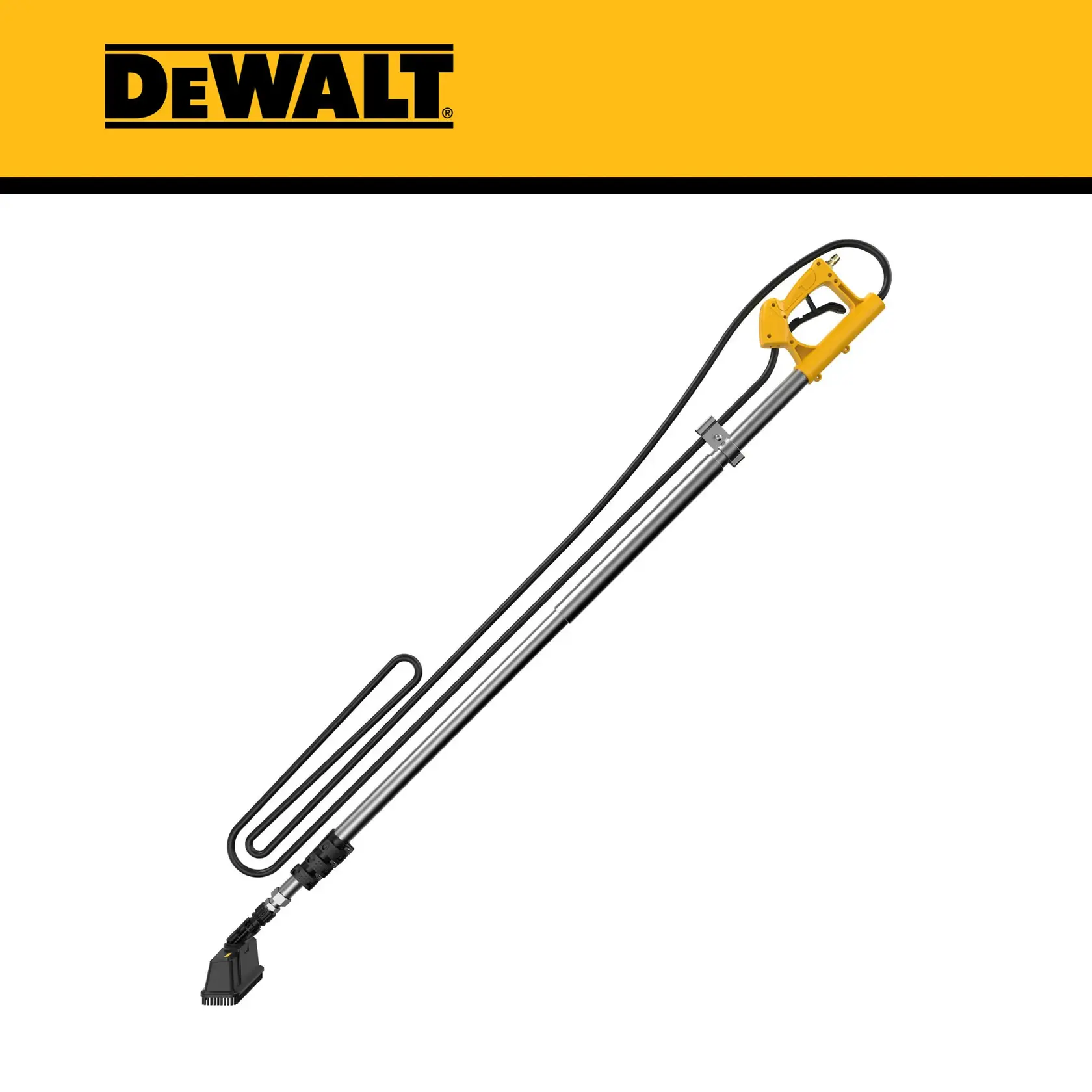 DEWALT branded carpet wand attachment for a wet and dry vacuum, featuring a long metal handle, yellow trigger grip, and suction head.