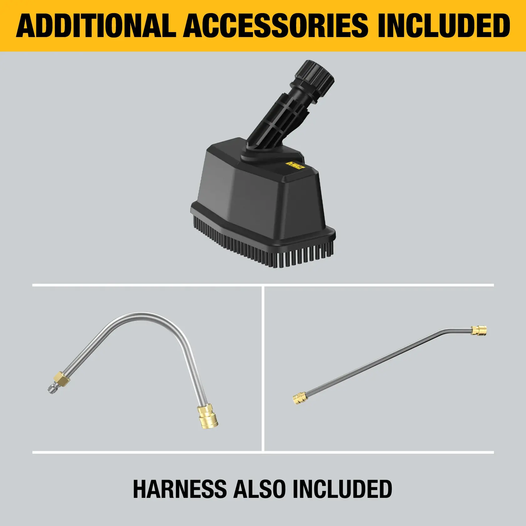 Image showing additional accessories included for the DEWALT product DWZPWTW18. Accessories displayed are a black cleaning brush attachment, a curved metal nozzle, and a straight metal nozzle, with text indicating that a harness is also included.