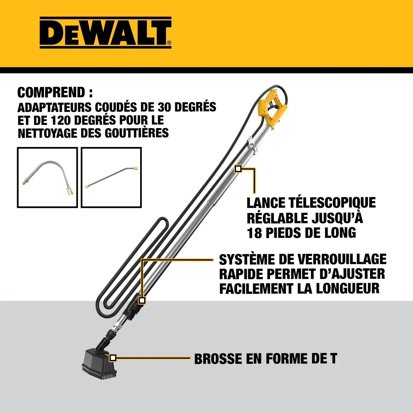 DEWALT branded carpet wand attachment for a wet and dry vacuum, featuring a long metal handle, yellow trigger grip, and suction head.