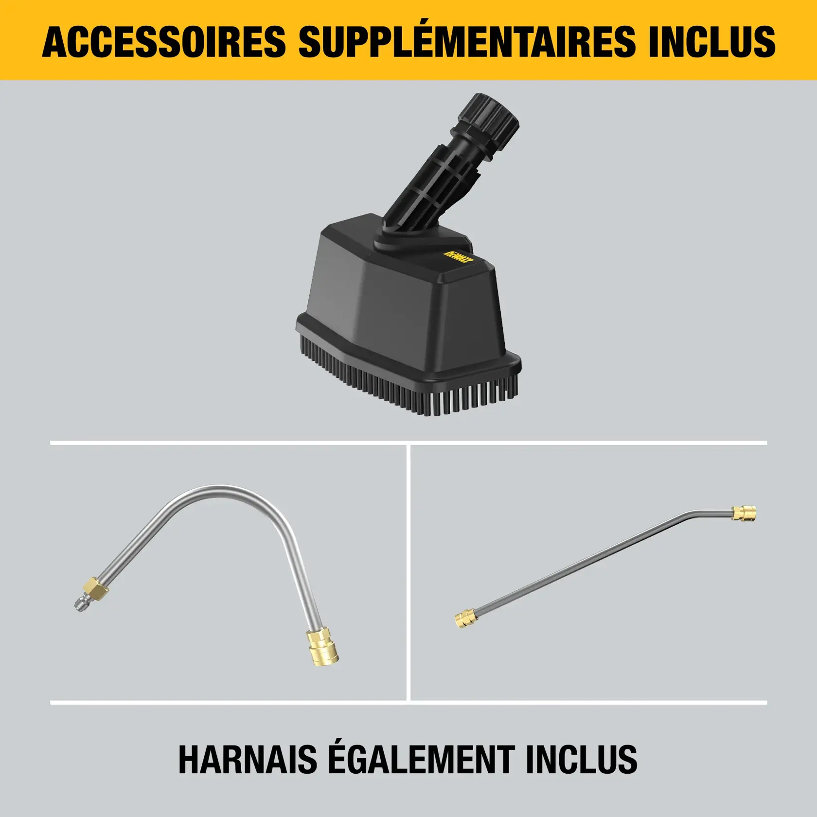 DEWALT gutter cleaning tool graphic showing an 18-foot extendable pole with locking levers to adjust length and a T-shaped brush. Includes images of two curved rods at 30 degrees and 120 degrees for gutter cleaning.