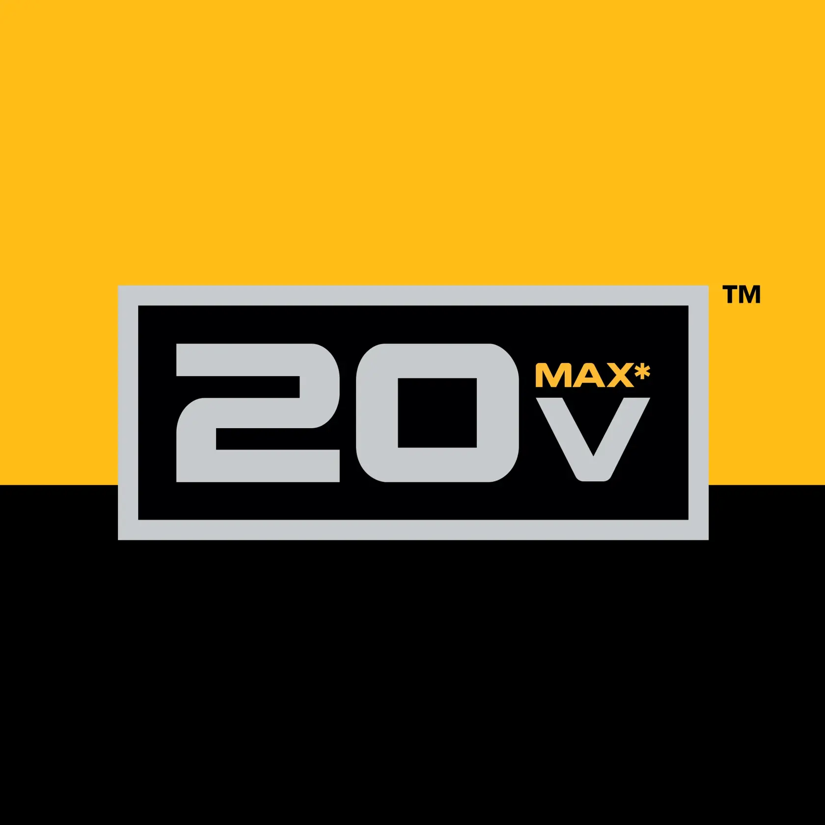 DEWALT graphic showing '20V MAX*' in large gray and yellow text inside a black and gray rectangle, with a yellow and black background.
