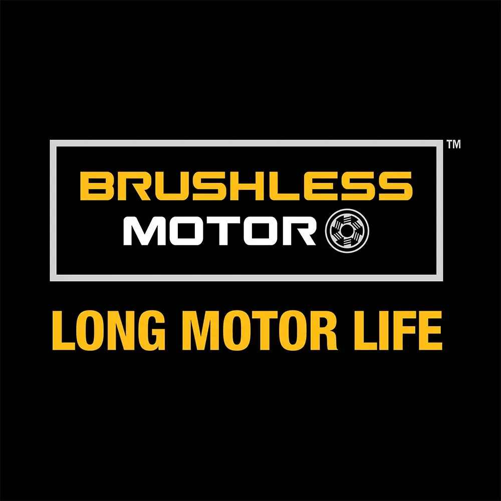Graphic with text indicating 'Brushless Motor' and 'Long Motor Life', suggesting durability and longevity of the DEWALT DCS565B product.