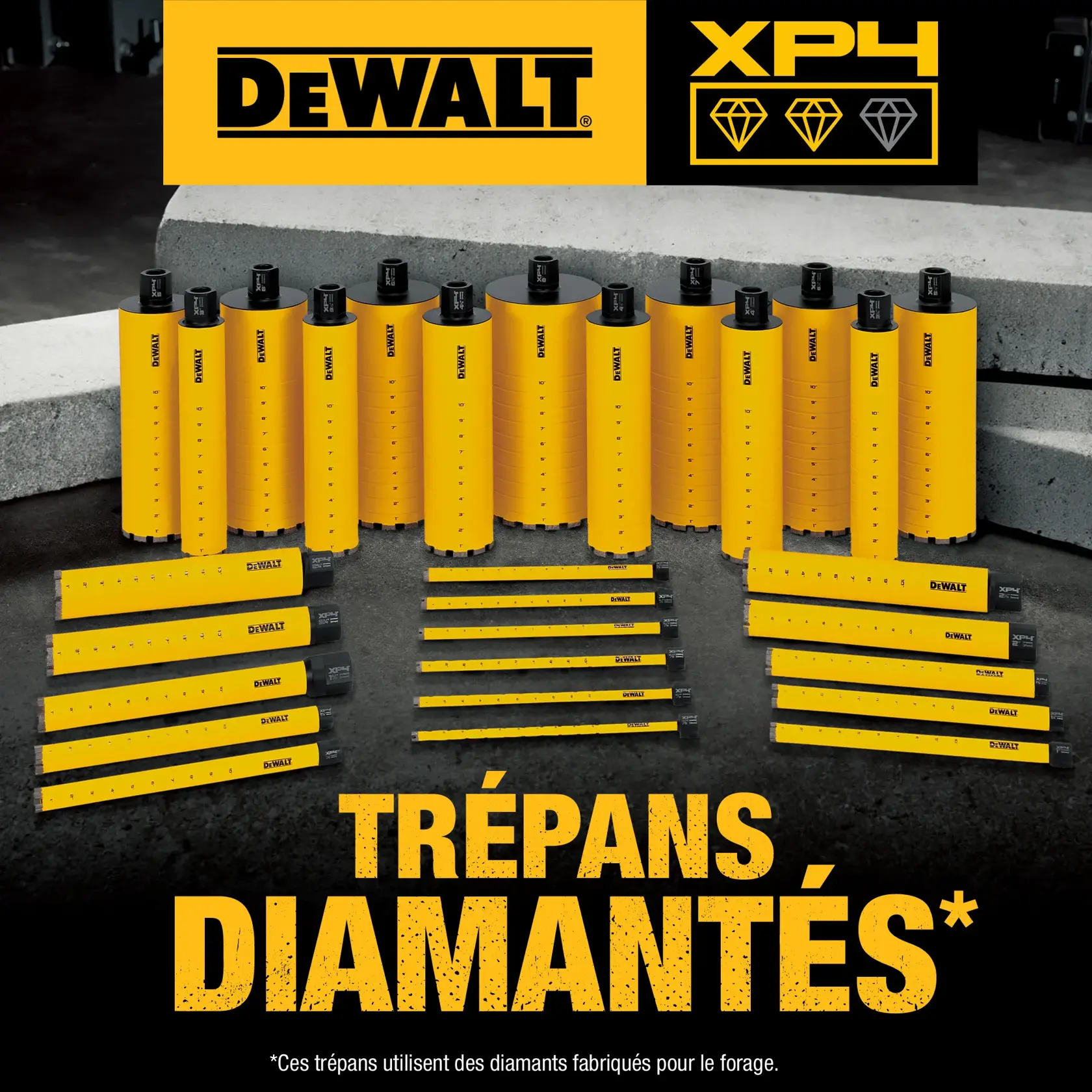 A group of yellow DEWALT diamond core bits and extension rods displayed on a concrete surface, with DEWALT branding and XP4 diamond symbols shown above. Text reads 'Diamond Core Bits'.