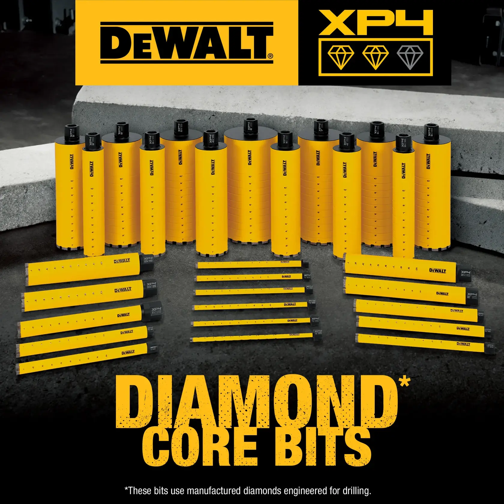 A group of yellow DEWALT diamond core bits and extension rods displayed on a concrete surface, with DEWALT branding and XP4 diamond symbols shown above. Text reads 'Diamond Core Bits'.