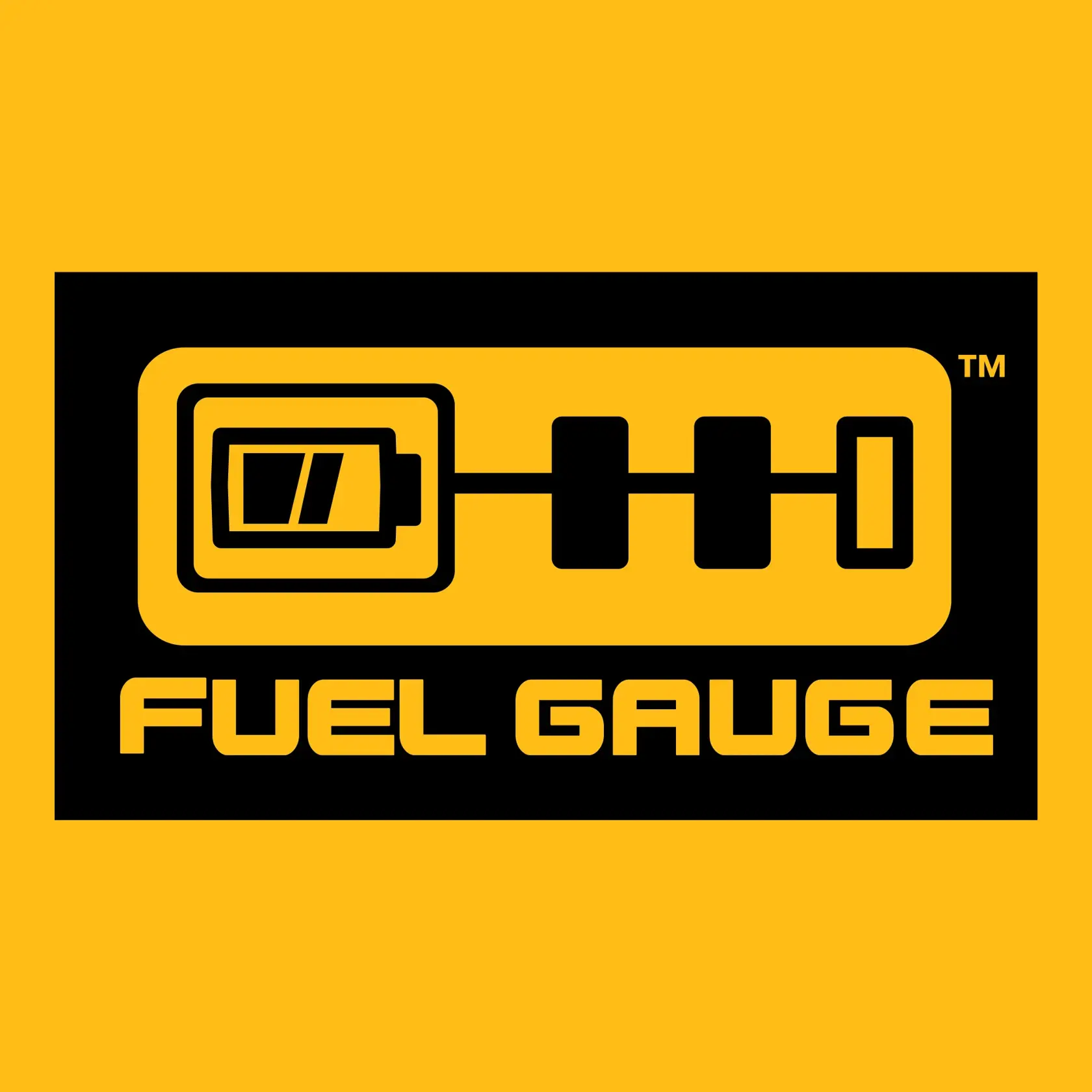 A graphic with a yellow background featuring a black rectangle with a yellow outline. Inside, there is an icon of a battery connected to three bars, symbolizing a fuel gauge. Below the icon, the words 'FUEL GAUGE' are written in bold yellow text.