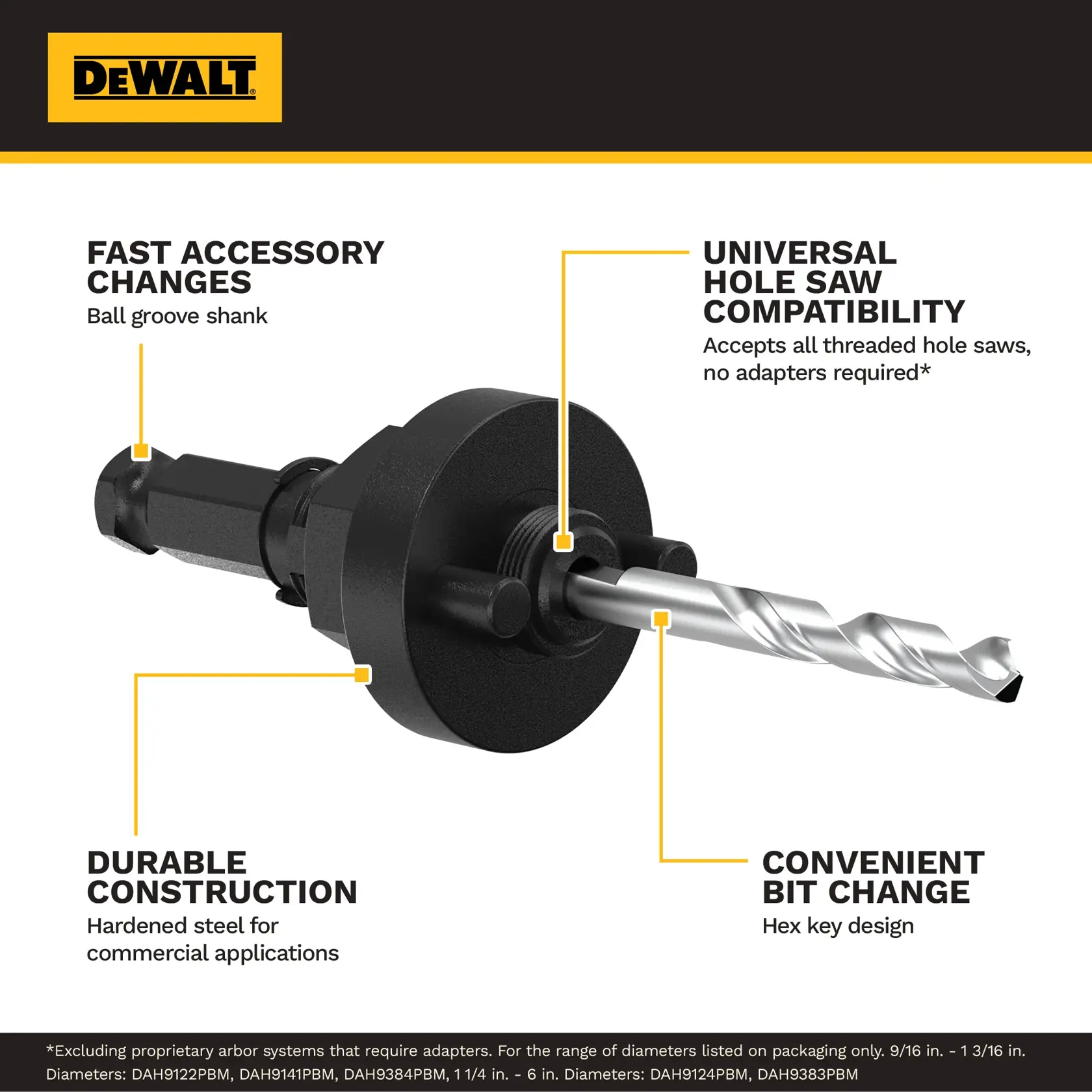 DEWALT hole saw arbor, durable steel, fast bit change. SKUs: DAH9384PBM, DAH9141PBM, DAH9124PBM, DAH9122PBM, DAH9383PBM.