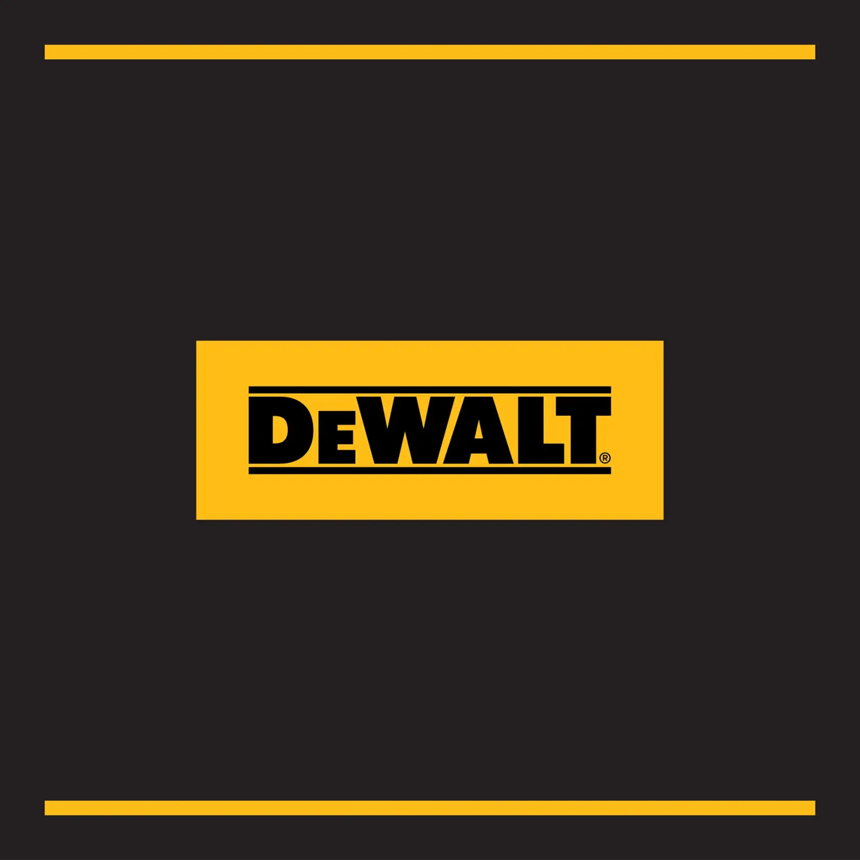 Graphic showing the DEWALT logo in black text on a yellow rectangle, centered on a dark background with yellow horizontal lines at the top and bottom.