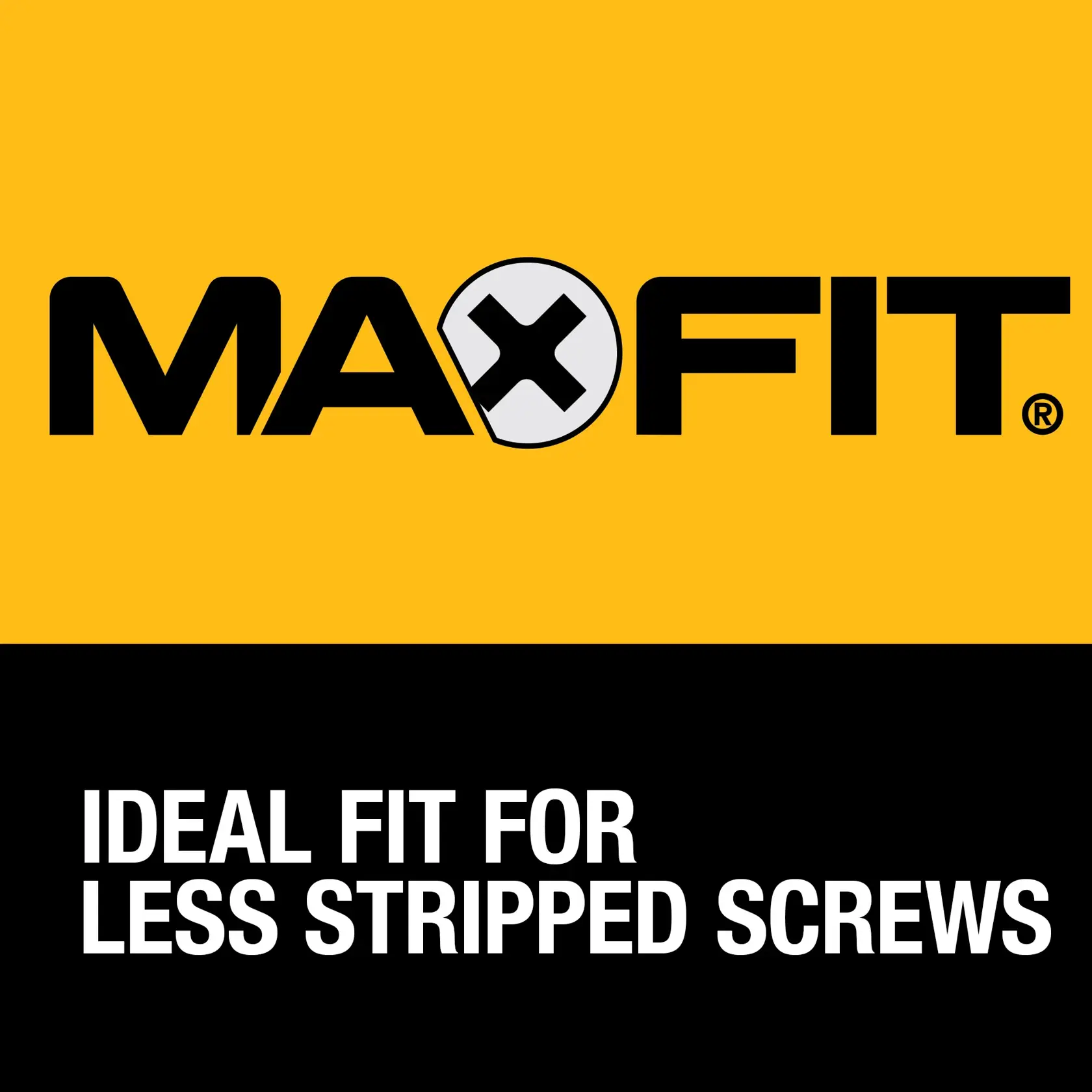 Graphic with yellow and black background featuring the DEWALT MAXFIT logo and the text 'Ideal fit for less stripped screws.'