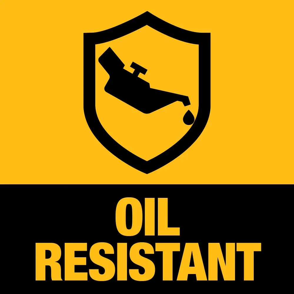A square graphic featuring a yellow shield with a black oil can and a droplet inside. Below is the text 'OIL RESISTANT' in bold yellow letters on a black background.