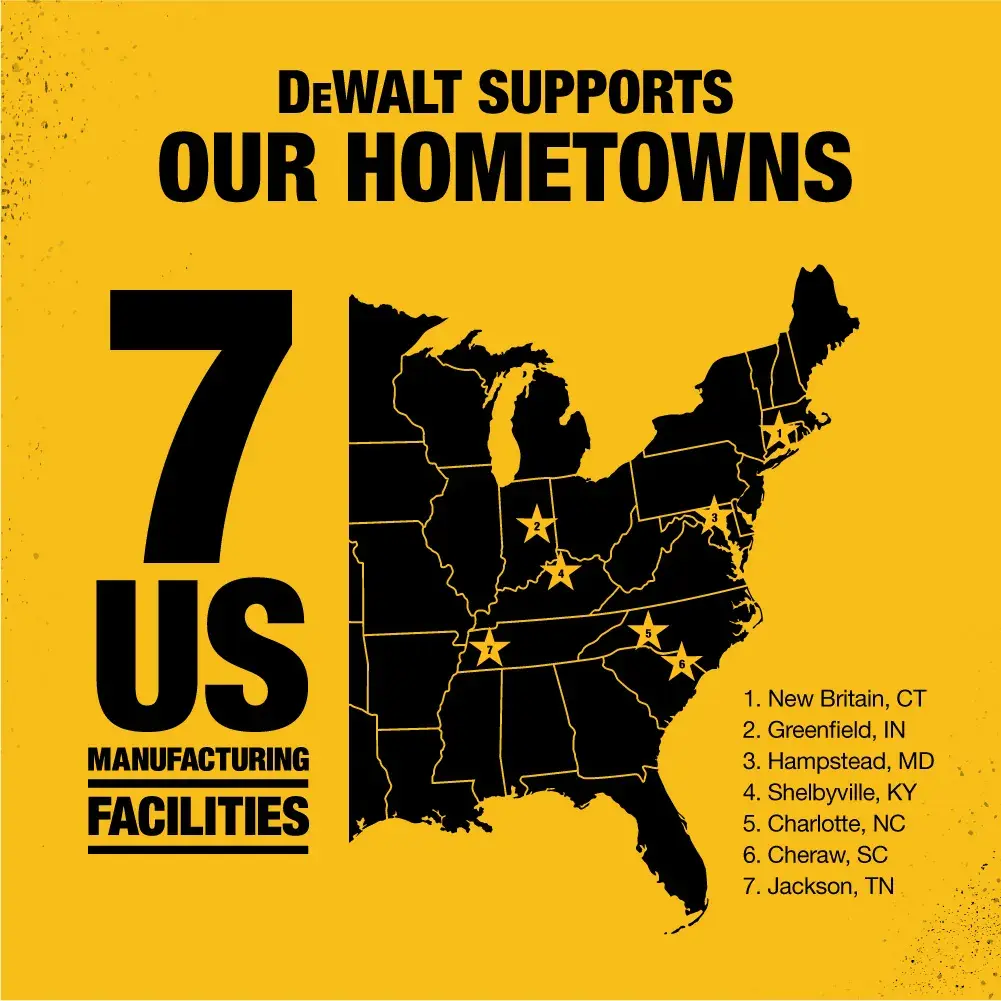 Graphic showing DEWALT's support for US hometowns with a yellow and black color scheme. It features a map of the eastern United States marked with seven stars, each representing a DEWALT manufacturing facility. The text reads: 'DEWALT SUPPORTS OUR HOMETOWNS. 7 US MANUFACTURING FACILITIES.' The locations listed are New Britain, CT; Greenfield, IN; Hampstead, MD; Shelbyville, KY; Charlotte, NC; Cheraw, SC; and Jackson, TN.