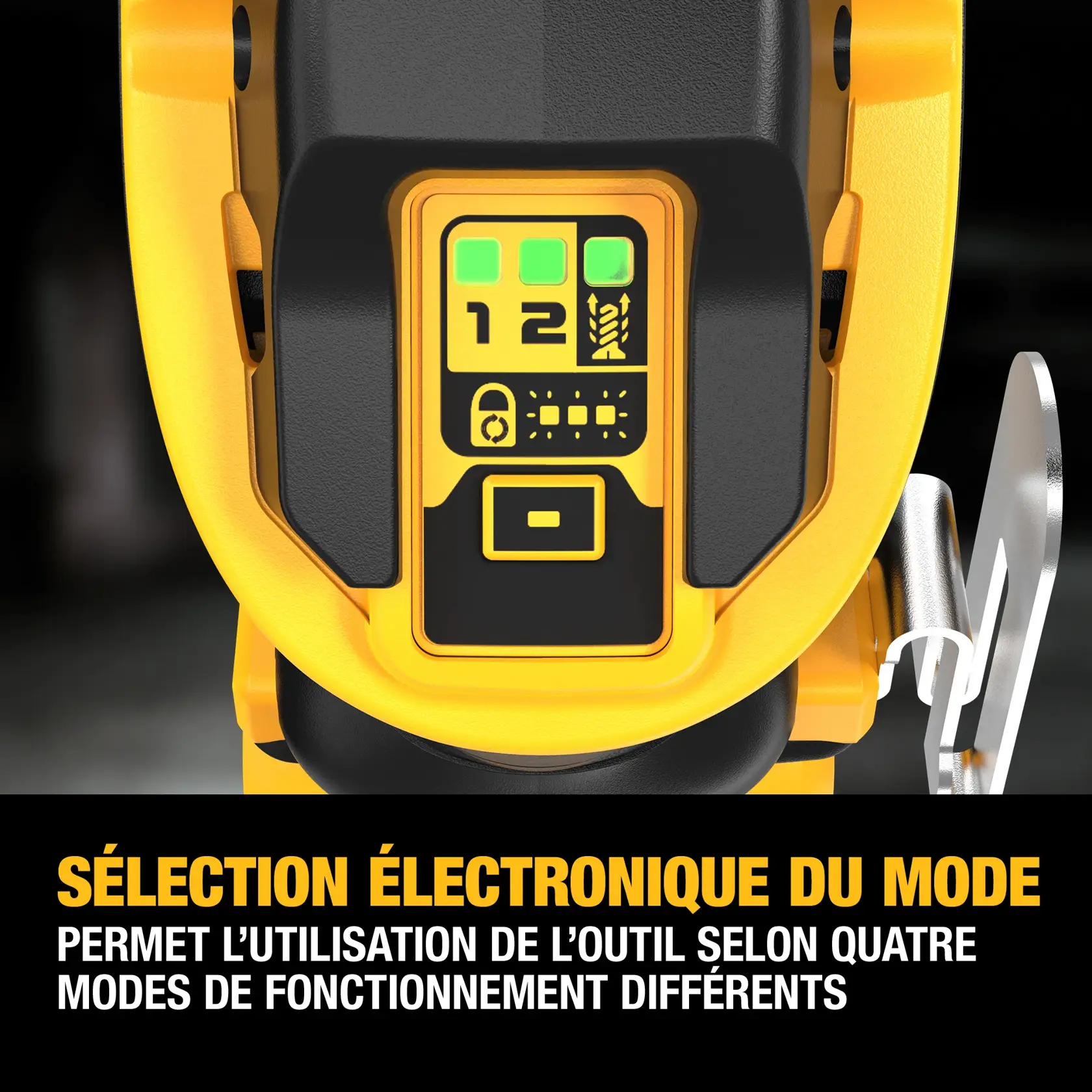 DEWALT 20V XR Brushless power tool with labeled features including adjustable nosecone, top clip, variable modes, forward/reverse slider switch, compact design, and LED light. Product shown in yellow and black with a visible battery pack.