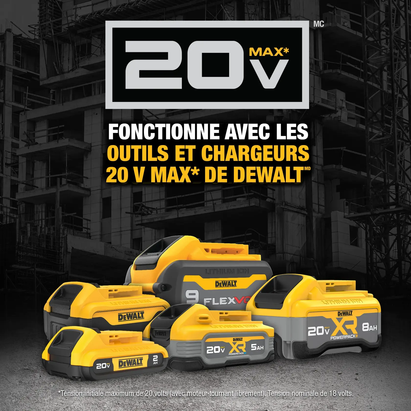 Image featuring DEWALT 20V MAX lithium-ion batteries and power packs in front of a construction site. The text states, 'Works with DEWALT 20V MAX tools and chargers.' Battery models with different capacities are shown.