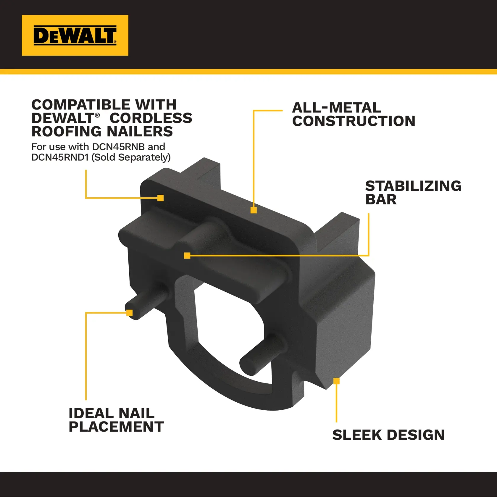 DEWALT metal nailer accessory with stabilizing bar, sleek design, and ideal nail placement for roofing nailers.