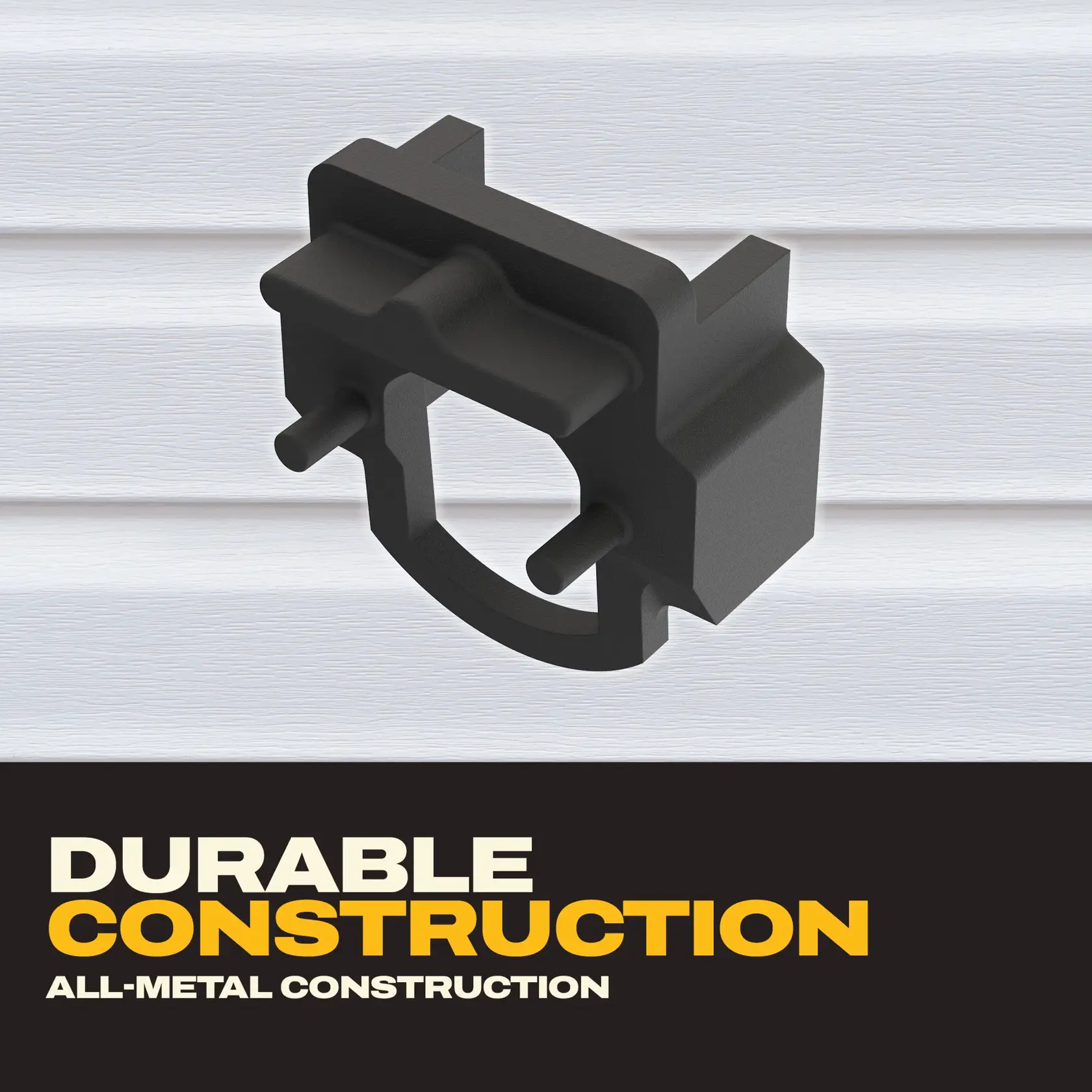 Black metal DEWALT tool part shown with text: Durable construction, all-metal construction.