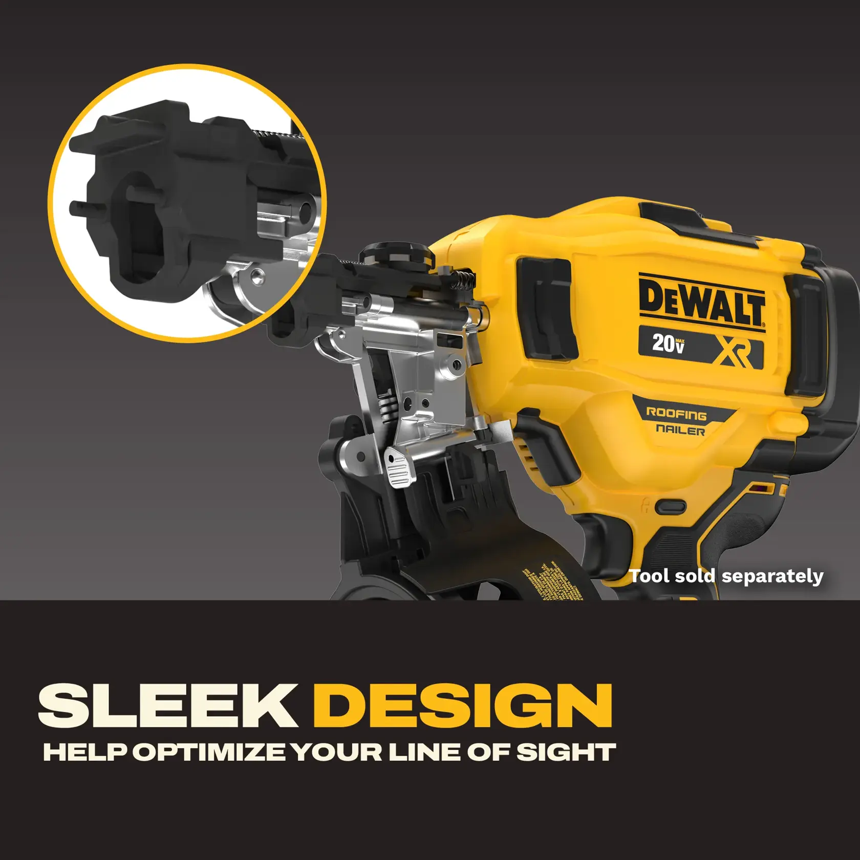 Yellow DEWALT 20V XR roofing nailer tool with a close-up of its tip. Sleek design for optimized line of sight.