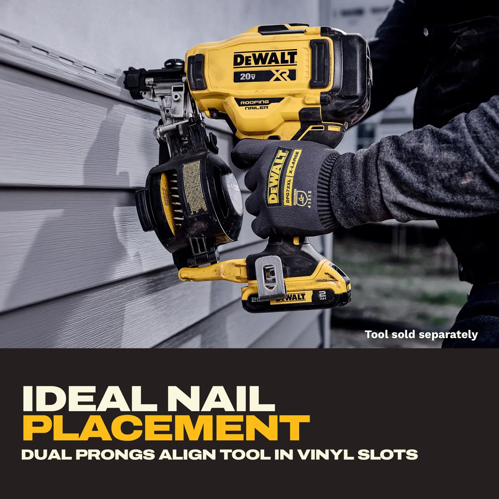 DEWALT roofing nailer aligns nails in vinyl siding slots. Person holds tool. Text emphasizes ideal nail placement.