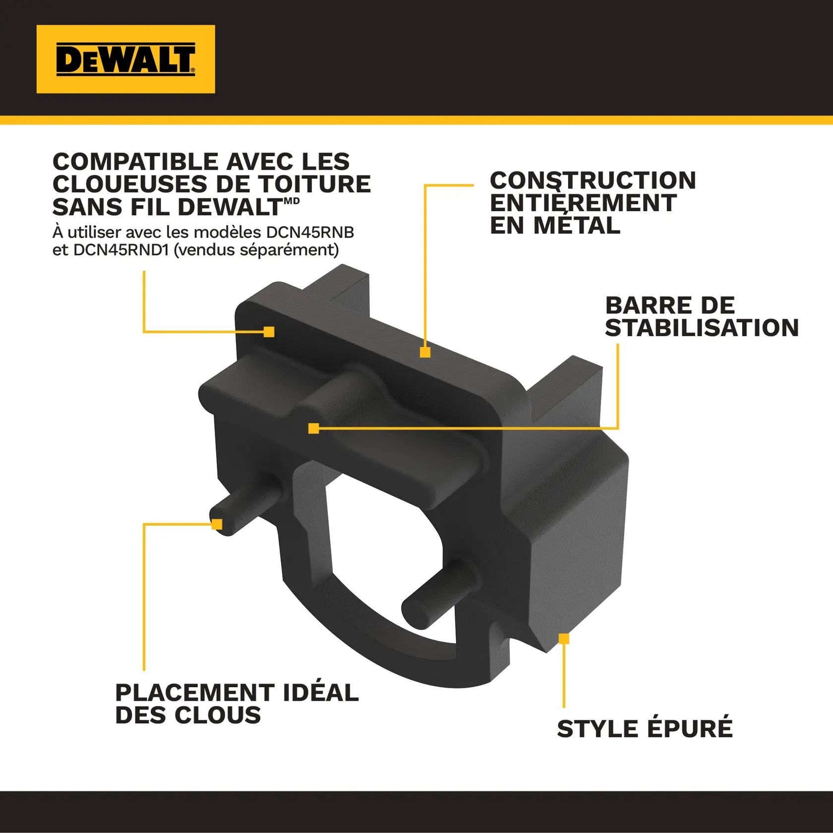DEWALT metal nailer accessory with stabilizing bar, sleek design, and ideal nail placement for roofing nailers.