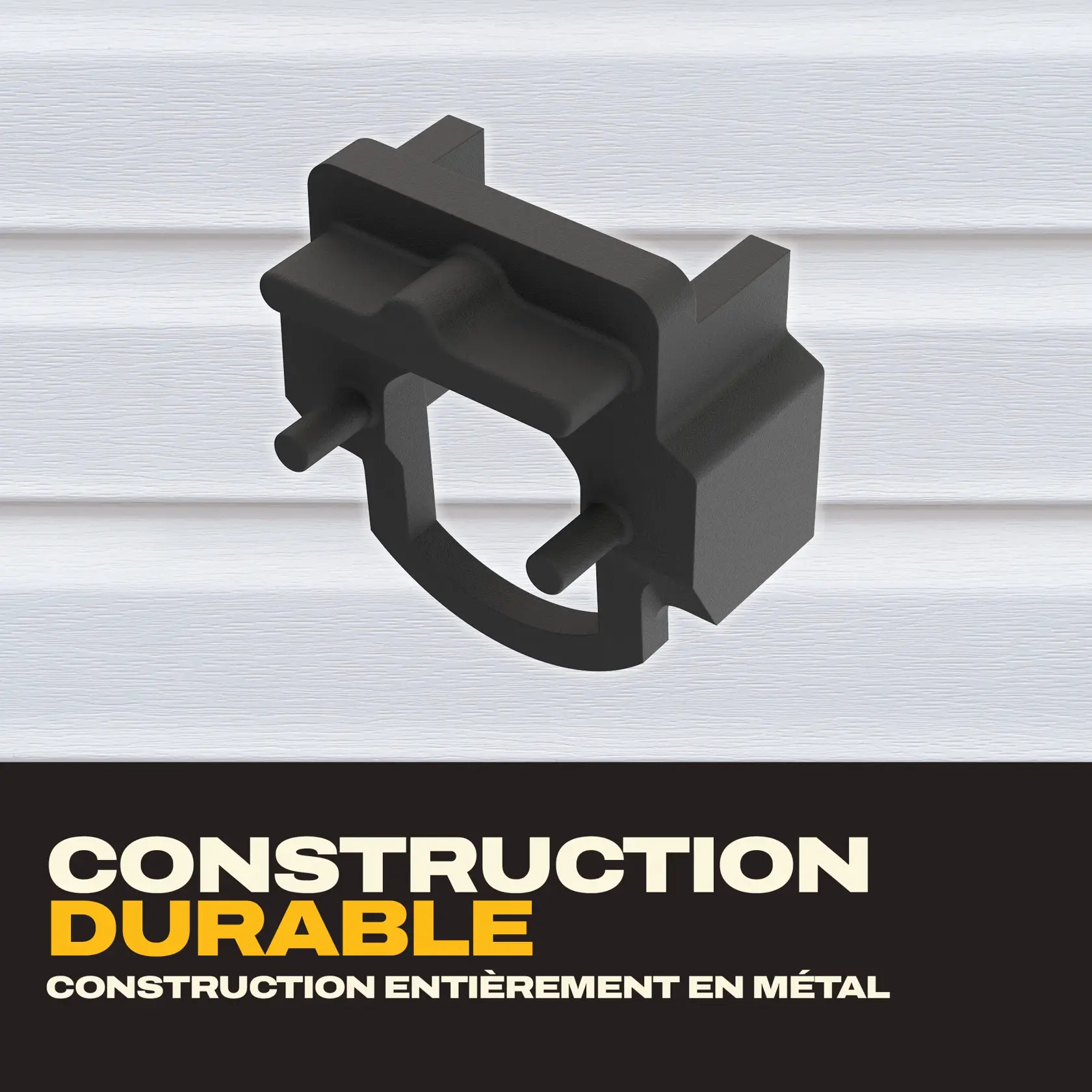 Black metal DEWALT tool part shown with text: Durable construction, all-metal construction.