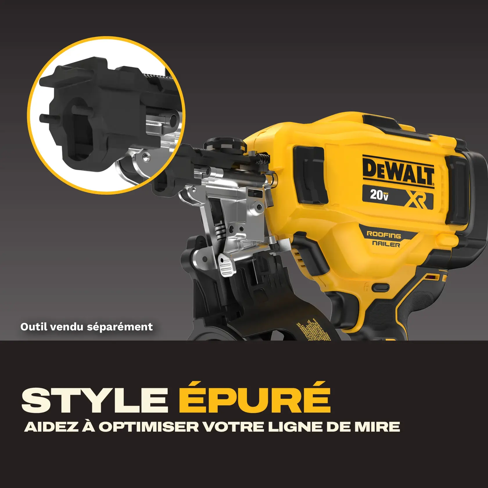Yellow DEWALT 20V XR roofing nailer tool with a close-up of its tip. Sleek design for optimized line of sight.