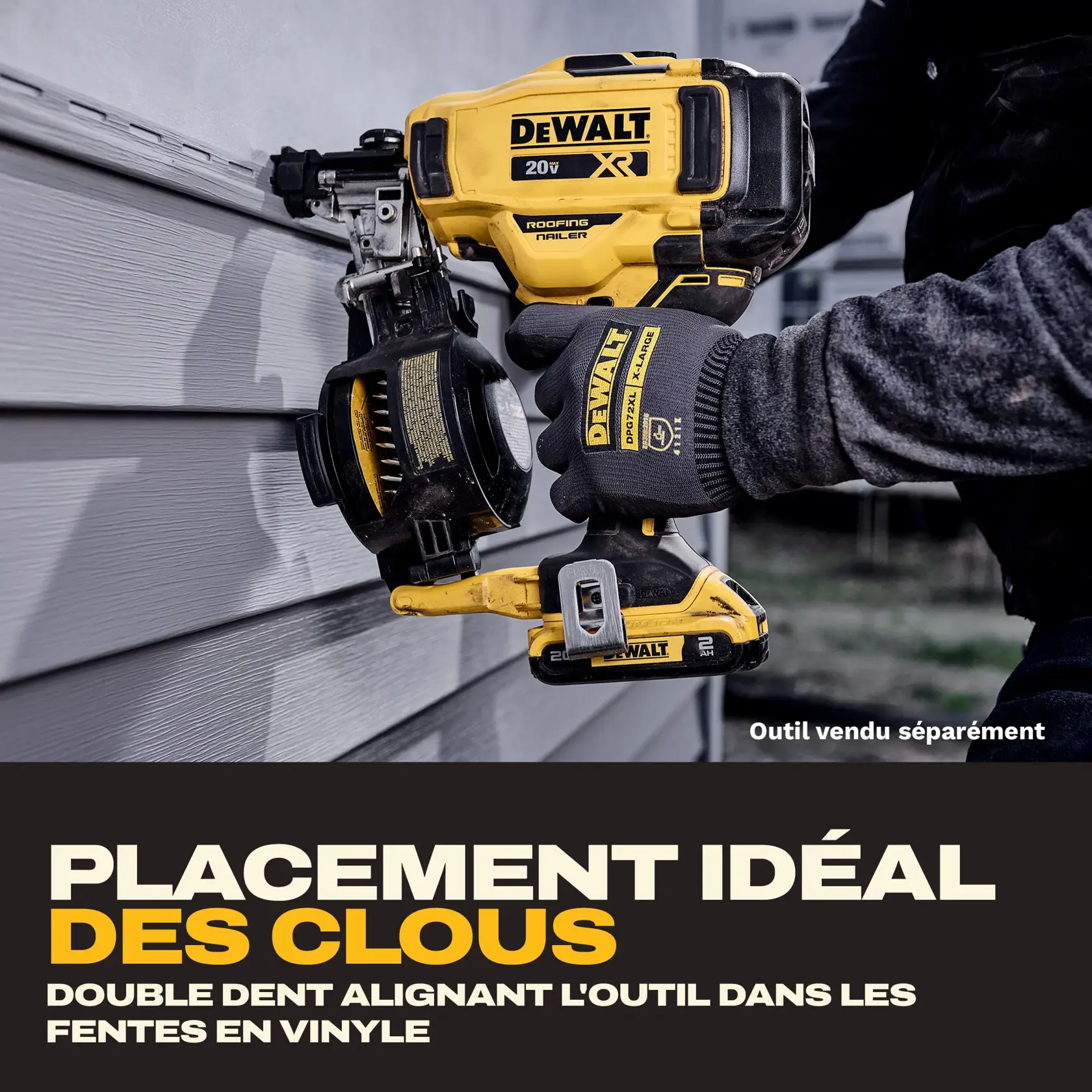 DEWALT roofing nailer aligns nails in vinyl siding slots. Person holds tool. Text emphasizes ideal nail placement.