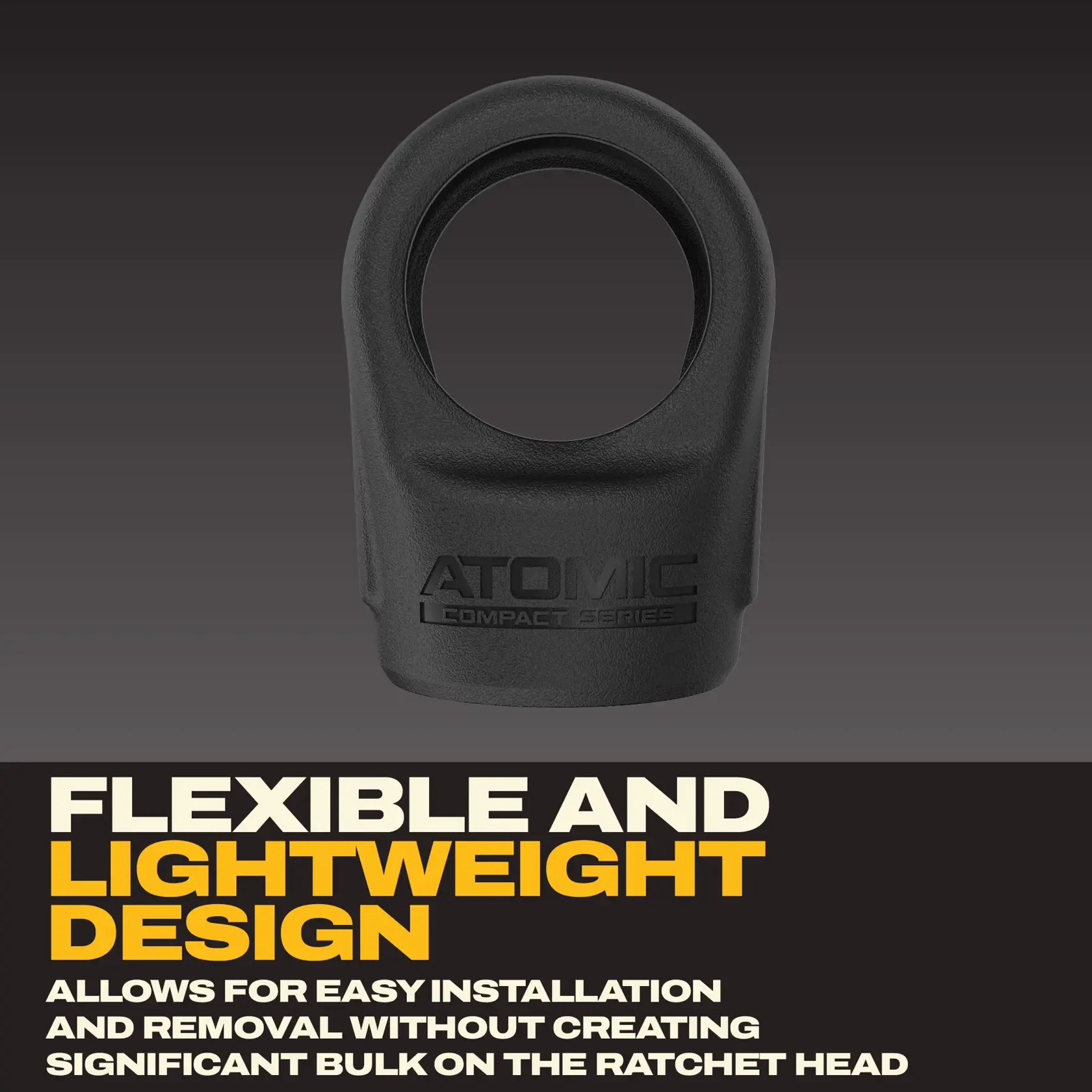 A black DEWALT Atomic Compact Series accessory with a circular opening, shown against a dark gradient background. Text highlights its flexible and lightweight design, stating it allows for easy installation and removal without adding significant bulk to the ratchet head.