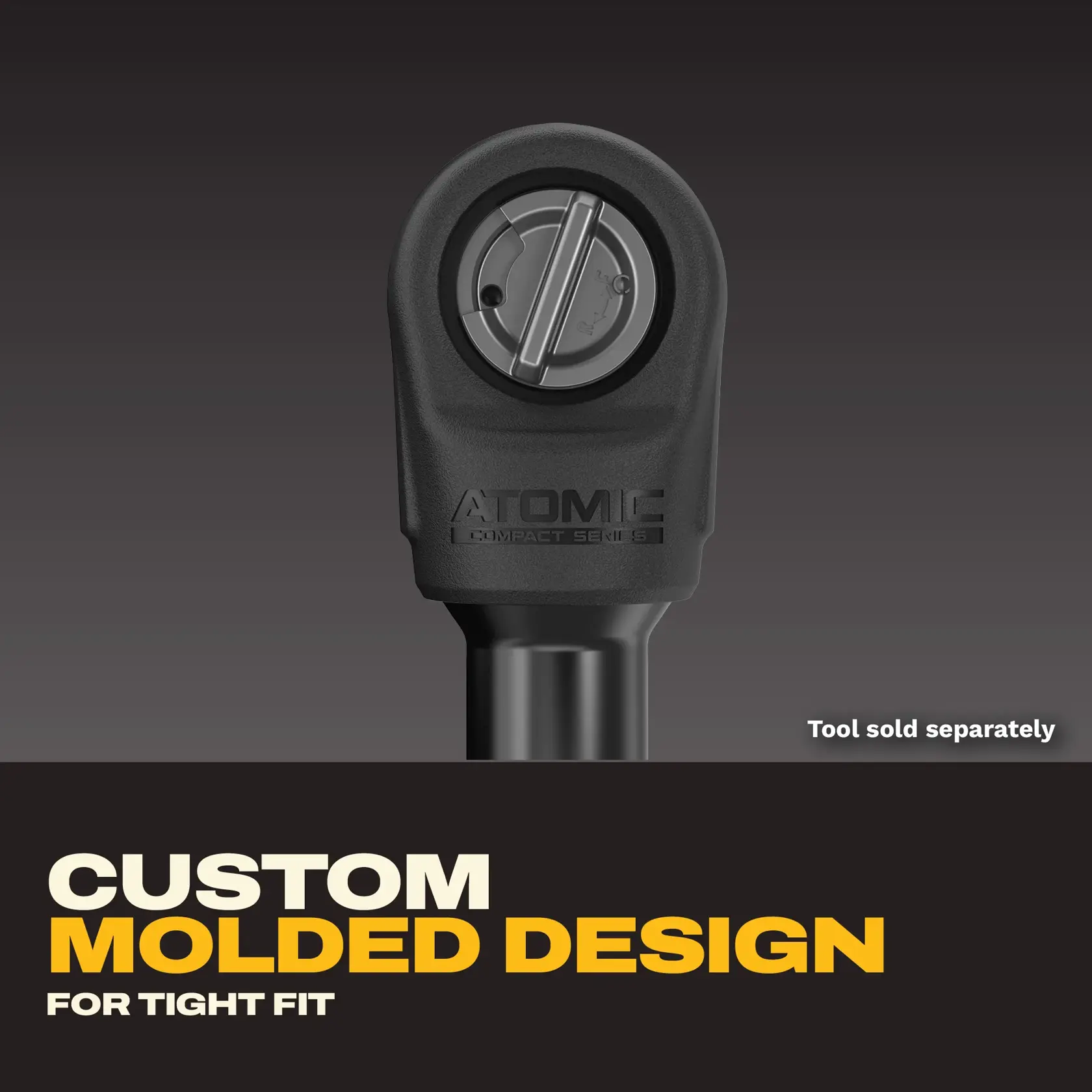 Close-up of a DEWALT Atomic Compact Series tool accessory with custom molded design for tight fit, displaying marketing text. Note: Tool sold separately.