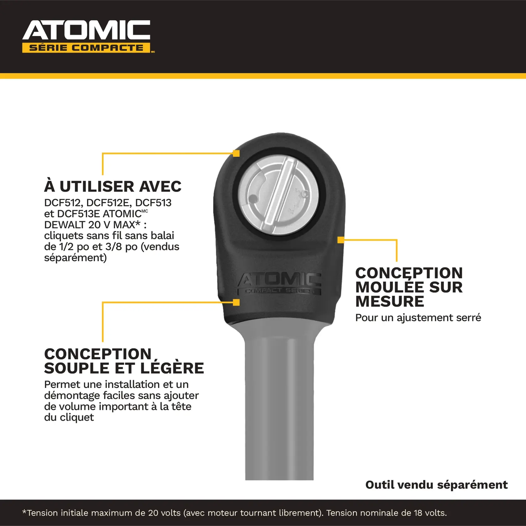Product image of a DEWALT Atomic Compact Series accessory for ratchets, highlighting a custom molded design for tight fit, compatibility with several DEWALT cordless ratchet models, and flexible lightweight construction for easy installation and removal. The tool is sold separately.