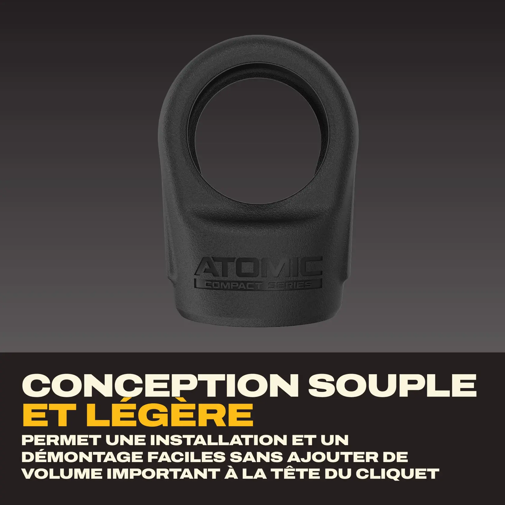A black DEWALT Atomic Compact Series accessory with a circular opening, shown against a dark gradient background. Text highlights its flexible and lightweight design, stating it allows for easy installation and removal without adding significant bulk to the ratchet head.