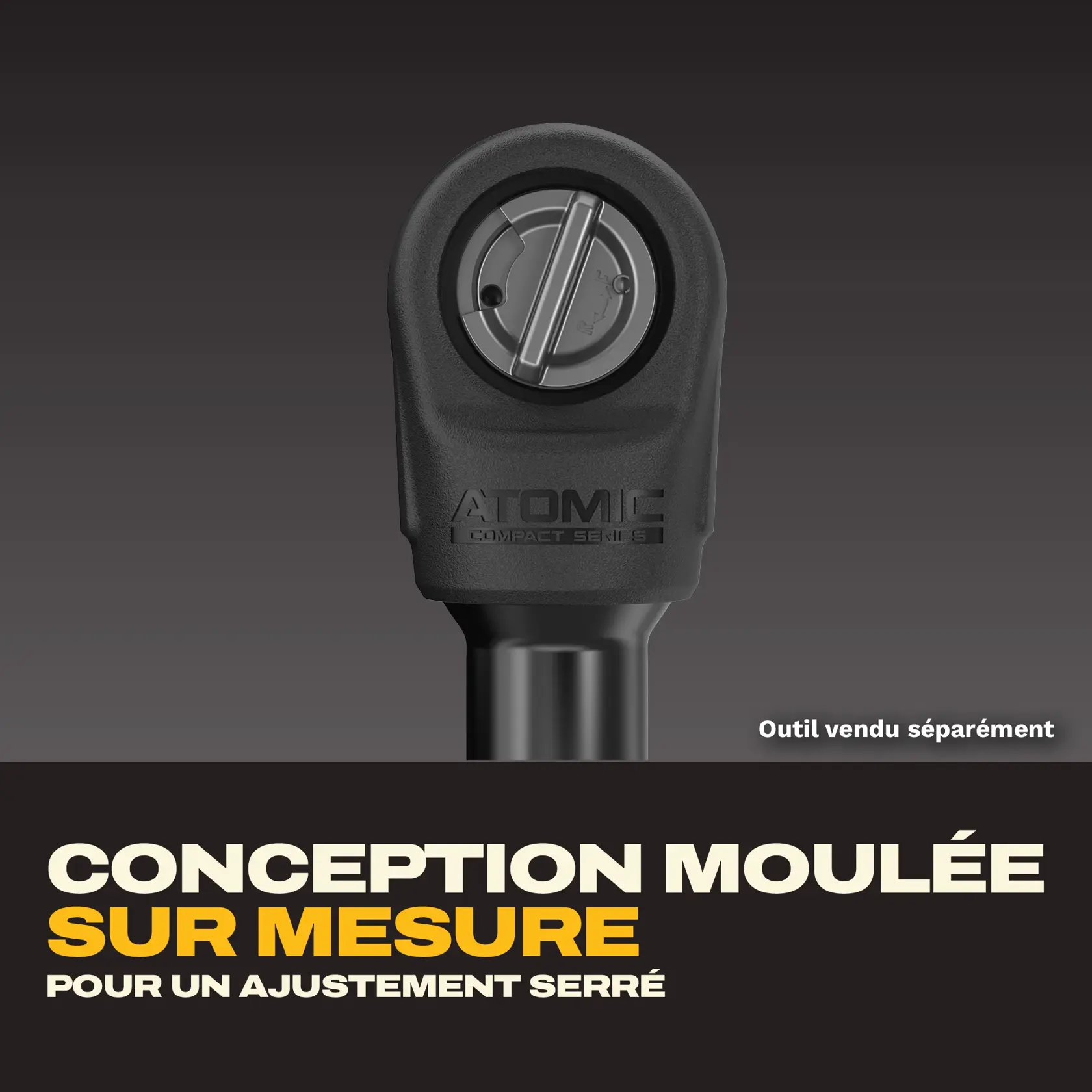 Close-up of a DEWALT Atomic Compact Series tool accessory with custom molded design for tight fit, displaying marketing text. Note: Tool sold separately.