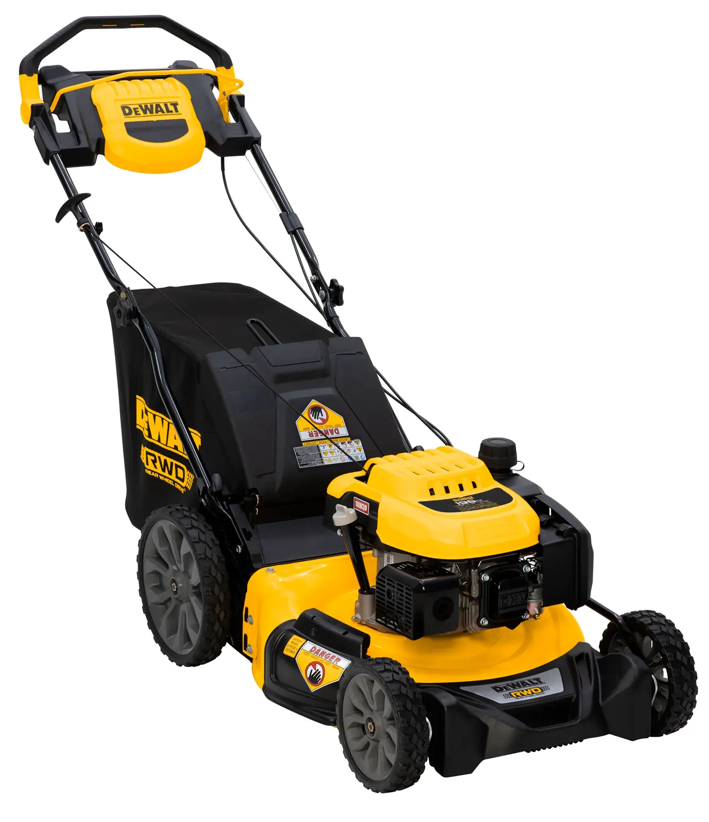 A yellow and black DEWALT self-propelled lawn mower, featuring a rear wheel drive system and a large grass collection bag attached at the back.