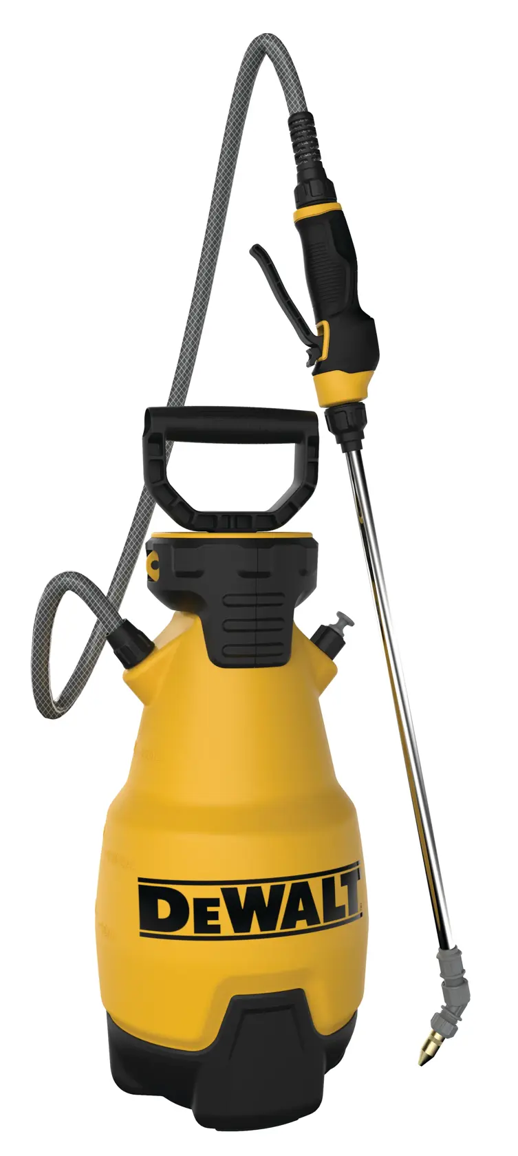 A yellow DEWALT handheld sprayer with a black handle, long spray wand, and flexible hose. The sprayer has a large DEWALT logo on the front and is designed for outdoor and garden use.