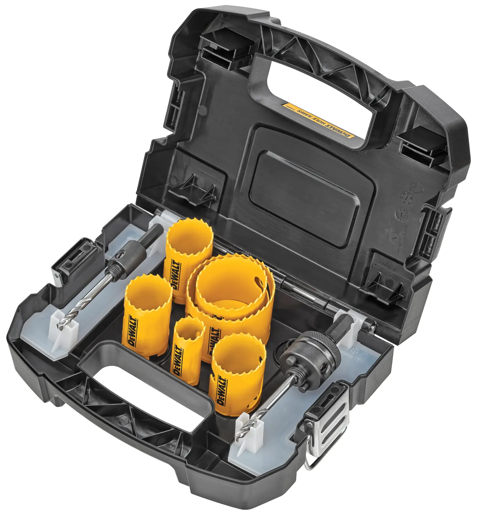 A DEWALT hole saw kit with multiple yellow hole saws and accessories, neatly organized in a black hard plastic carrying case with a handle.