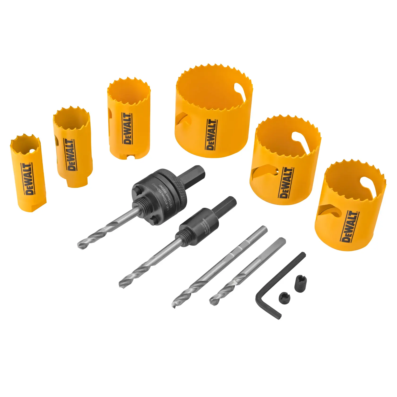 DEWALT hole saw kit with various yellow saws, drill bits, arbors, allen wrench, and accessory parts.