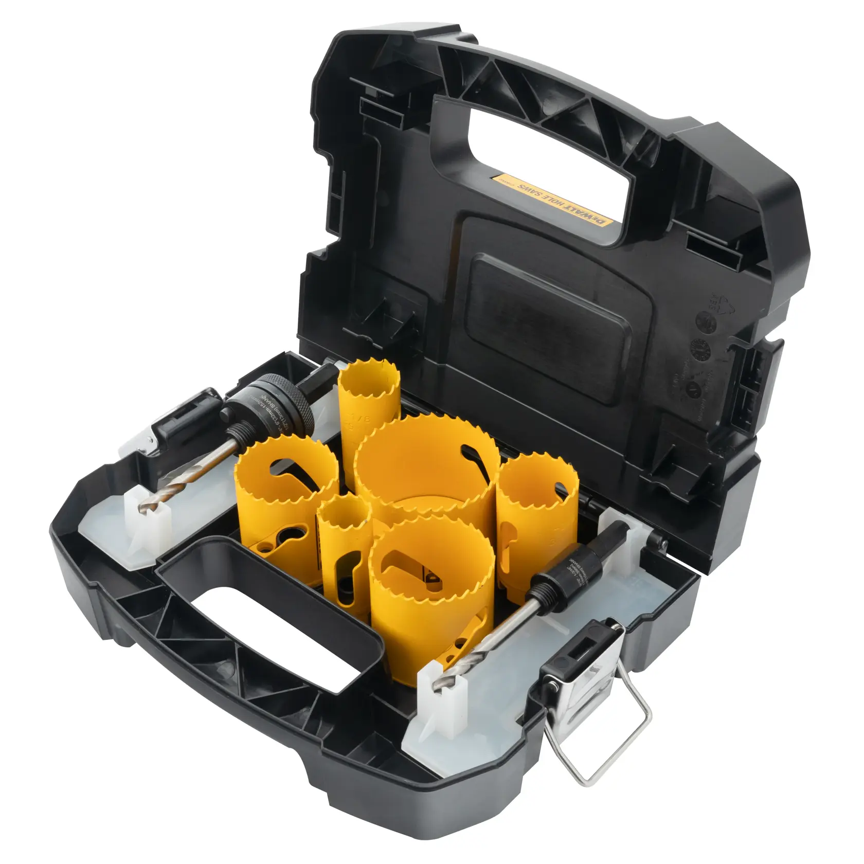 Open case with yellow DEWALT hole saw kit, various sizes and accessories arranged inside.