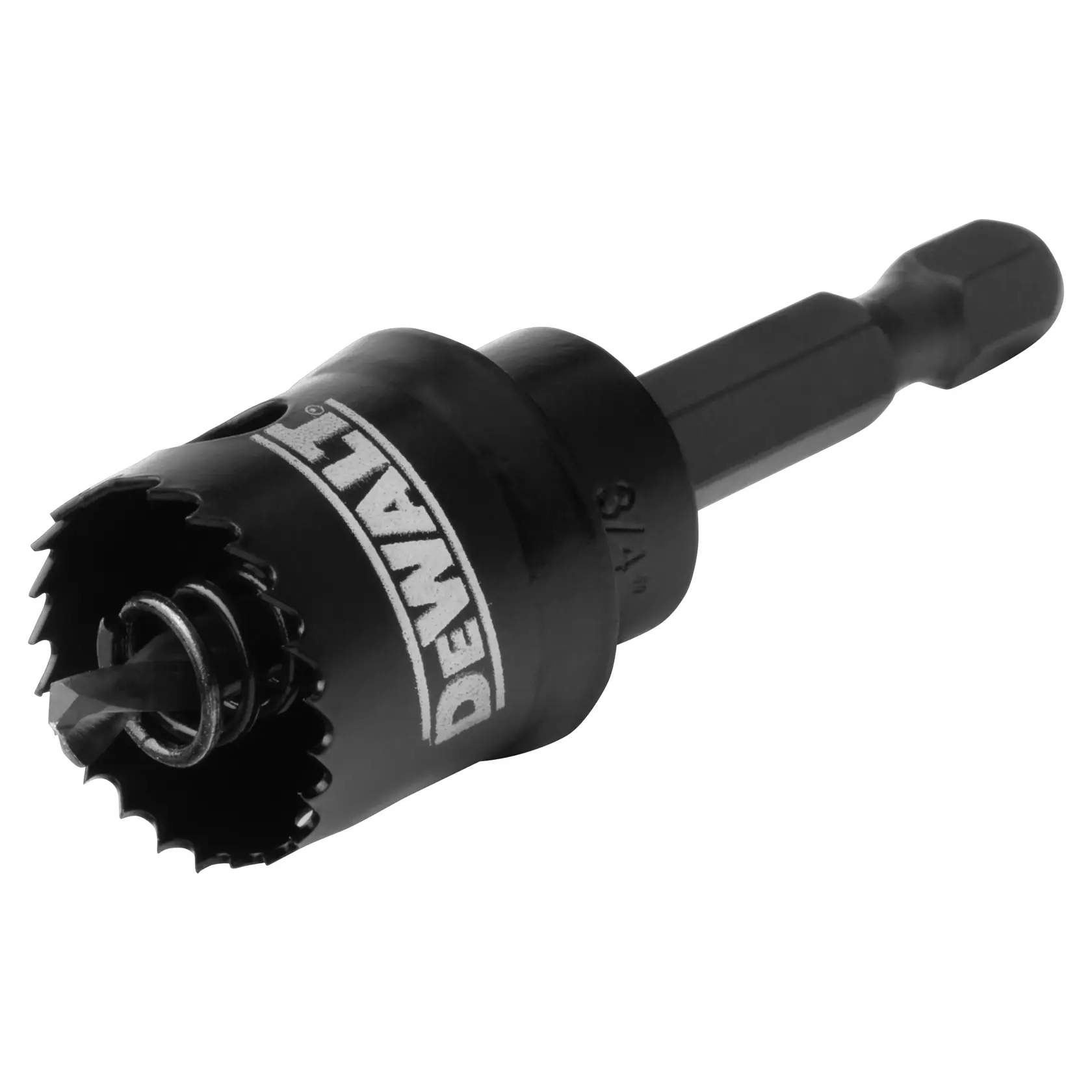 A DEWALT branded black hole saw drill bit with a hex shank and sharp teeth, designed for cutting precise holes in various materials.