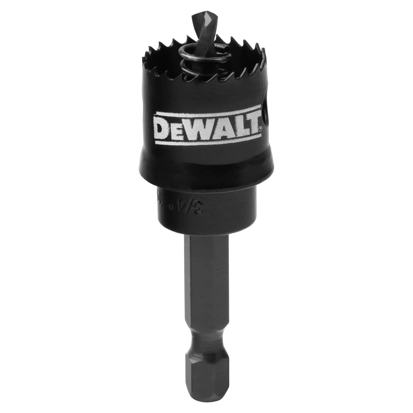 A DEWALT branded hole saw drill bit designed for use with power drills, shown in close-up against a white background.