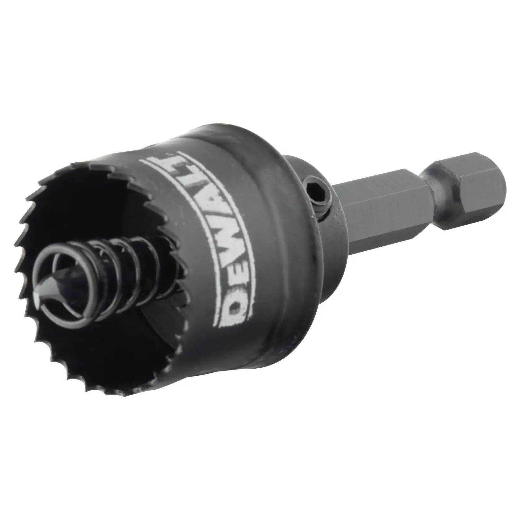 A DEWALT branded black hole saw drill bit with a hex shank and spring, designed for cutting holes in various materials.