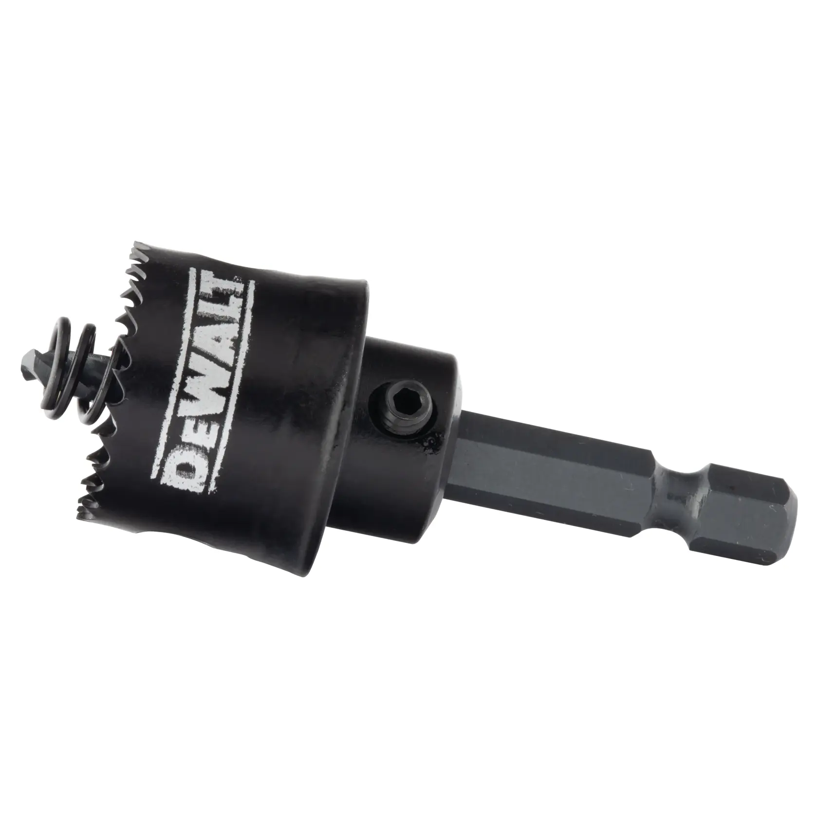 A DEWALT branded black hole saw drill bit with a hex shank, shown against a white background.