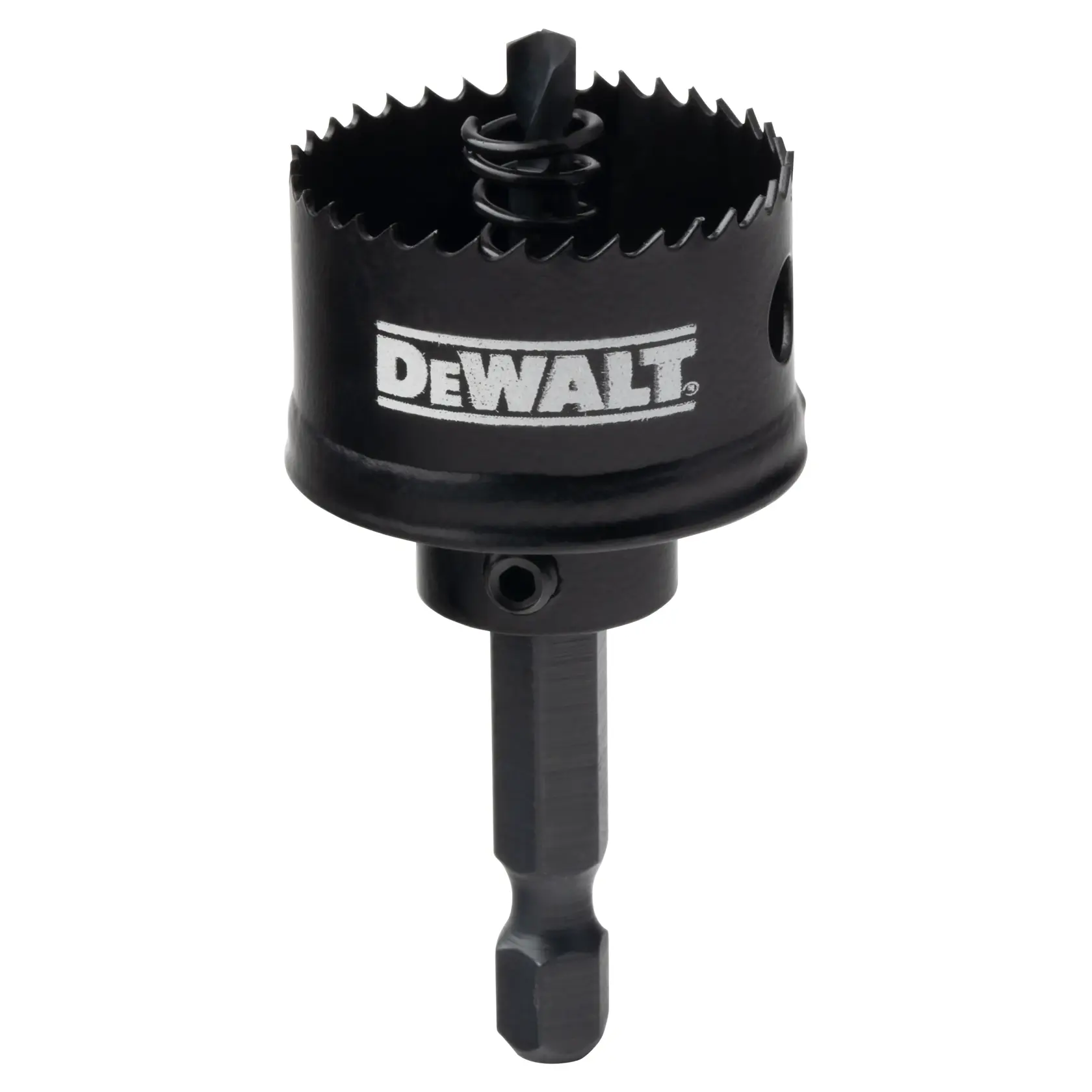 A black DEWALT hole saw with a hex shank and visible spring inside, designed for drilling large holes in materials.