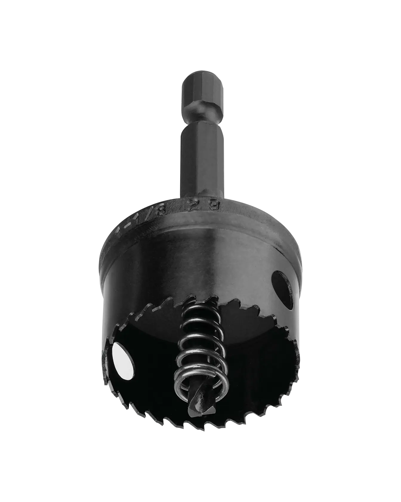 A close-up image of a DEWALT hole saw drill bit with a hex shank and spring mechanism, designed for cutting precise holes in materials.