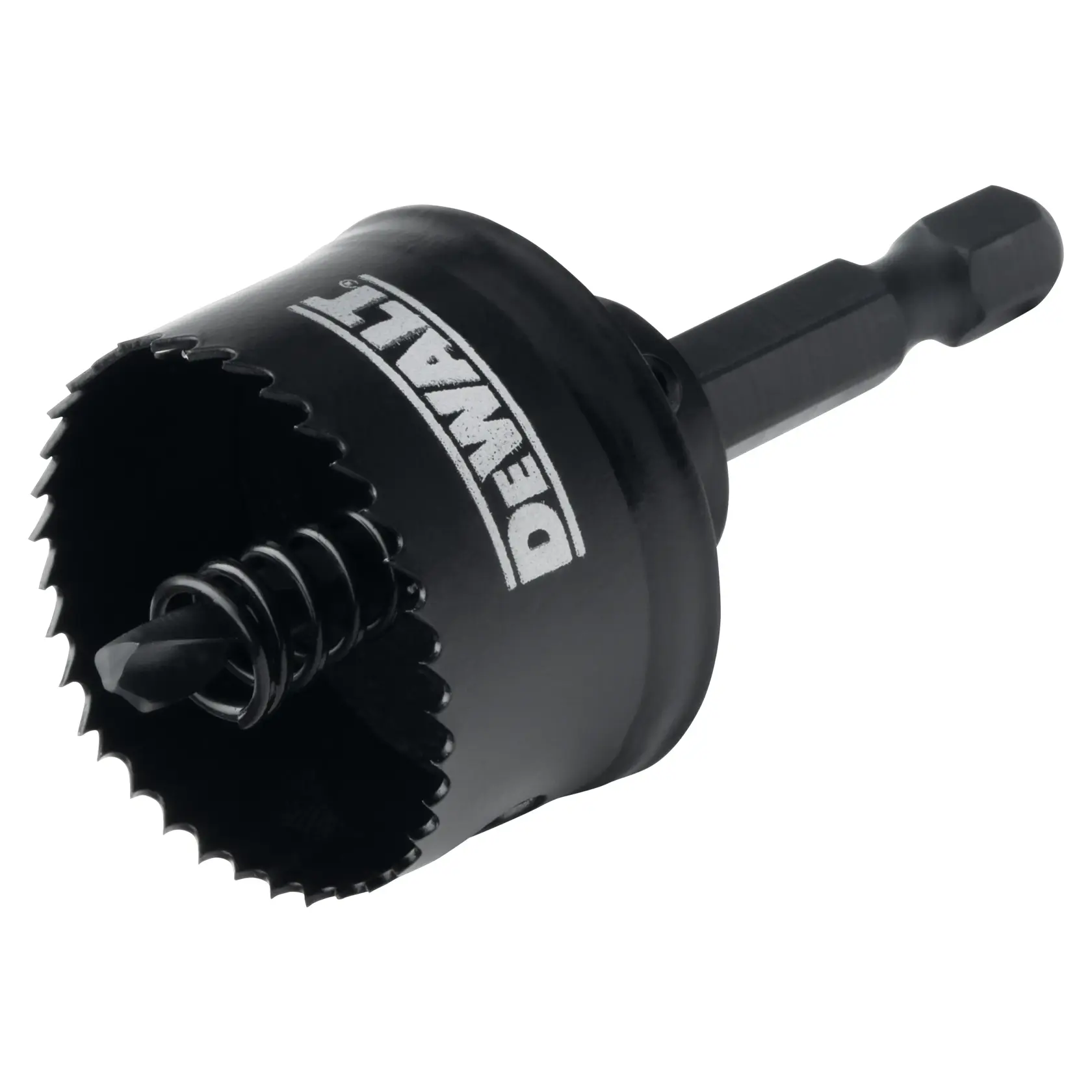 A close-up image of a DEWALT hole saw drill bit, featuring a hex shank and a black circular saw blade with sharp teeth and a central pilot drill.
