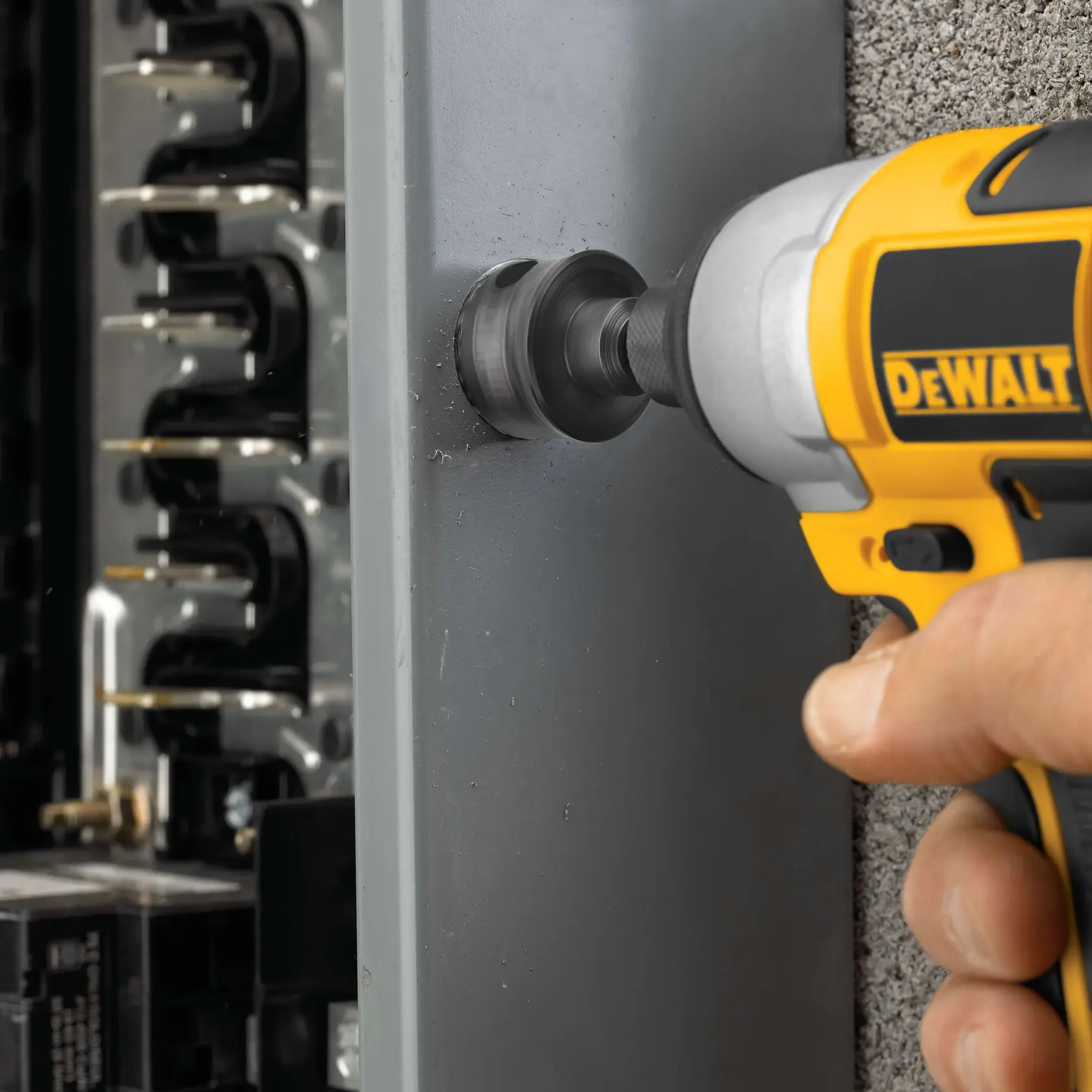 A DEWALT 1-1/8 inch hole saw with a raised shoulder and optimized tooth design, shown with labeled features and a hex shank.