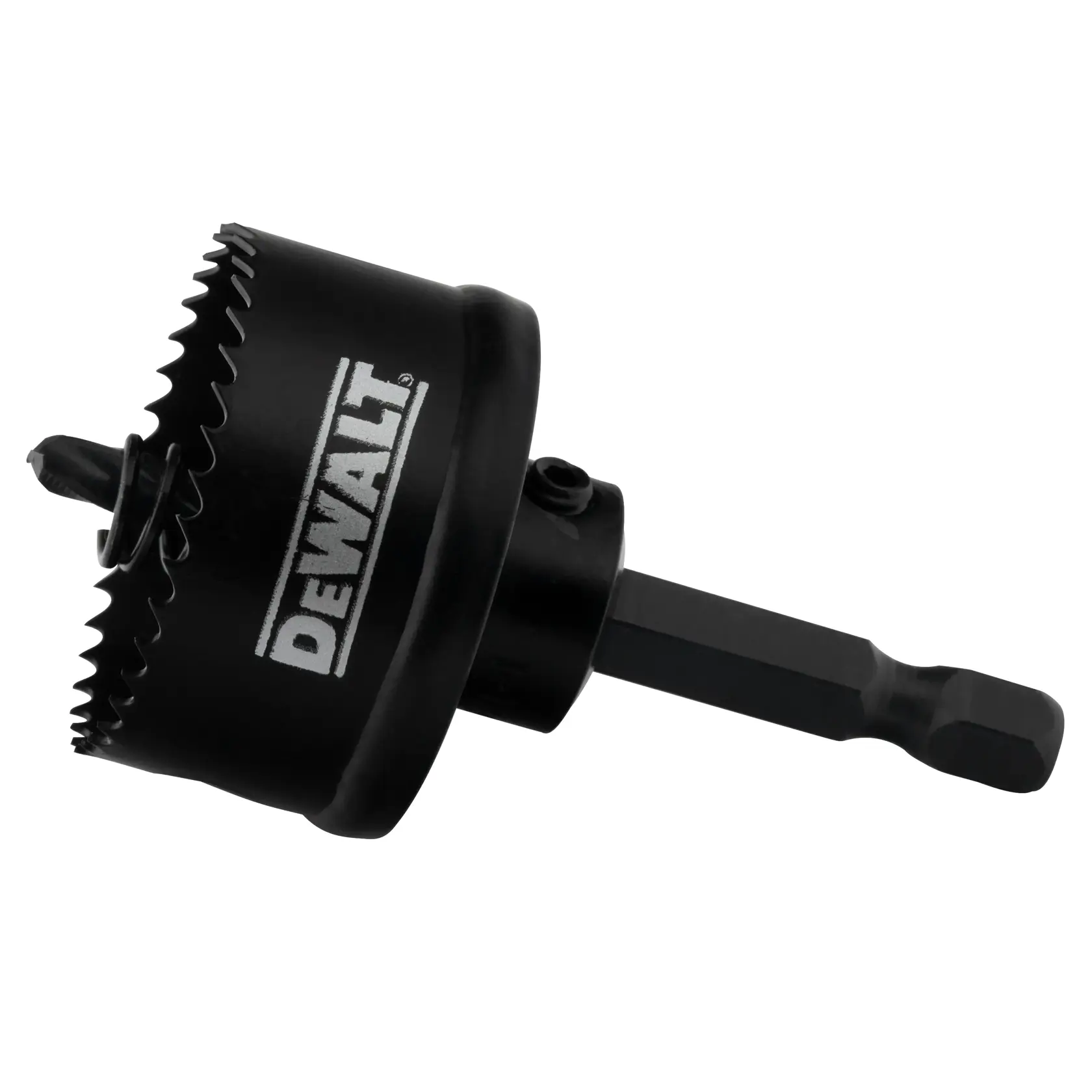 A close-up of a DEWALT branded black hole saw drill bit with a hex shank and sharp teeth, designed for making circular holes in materials.