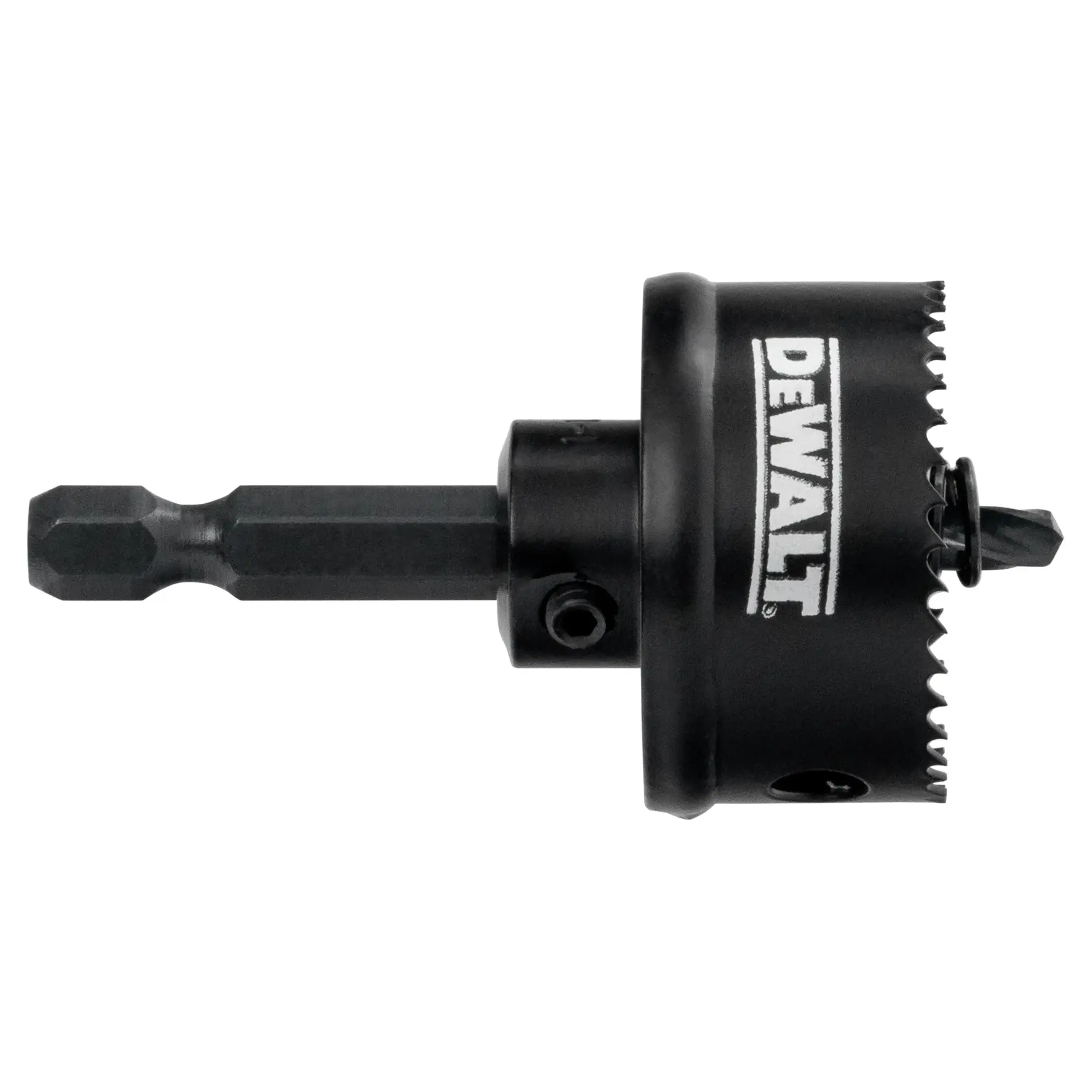 A black DEWALT hole saw attachment with a hex shank, designed for use with power drills.