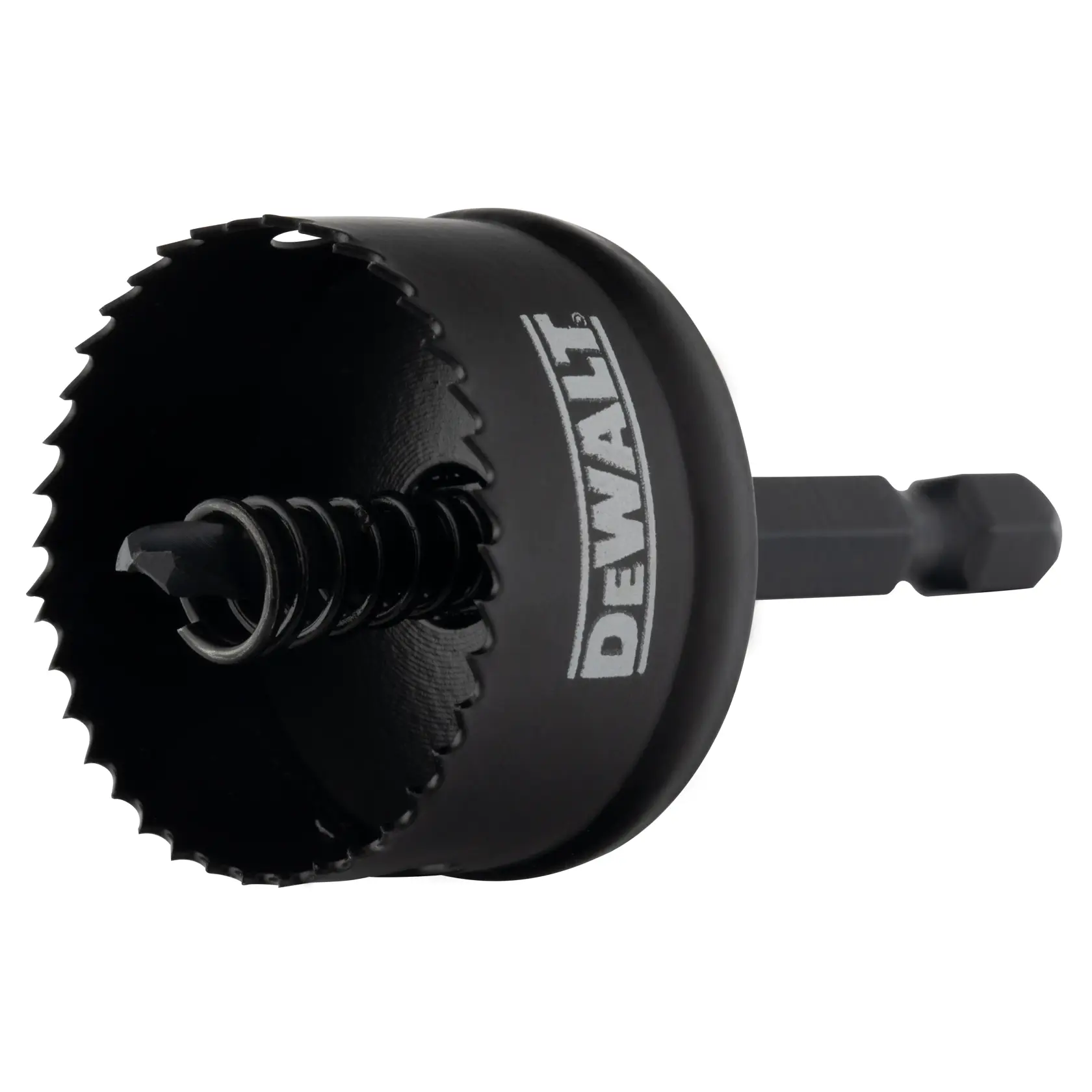 A close-up image of a DEWALT branded black hole saw drill bit with a hex shank and integrated pilot drill.