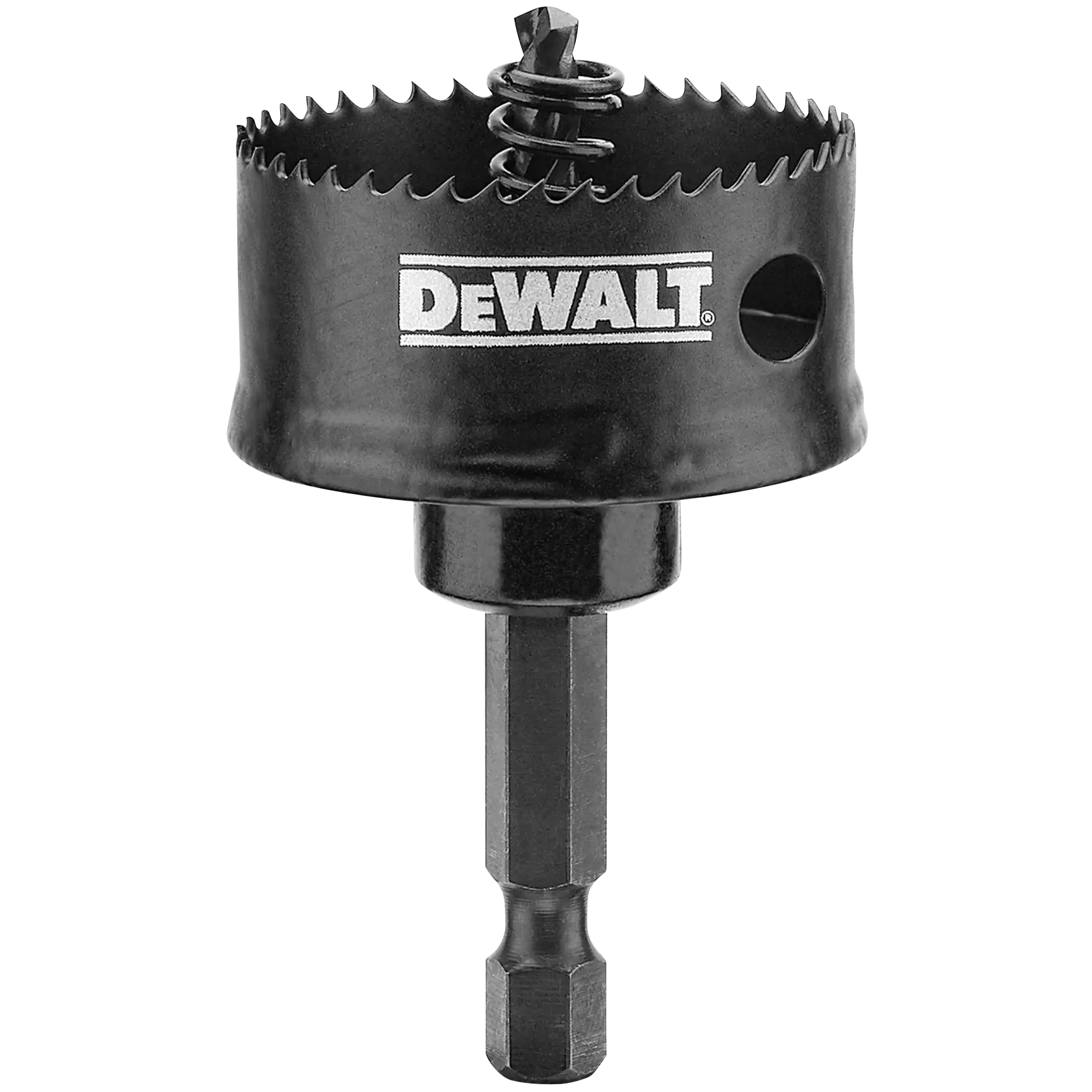A close-up image of a DEWALT branded black hole saw drill bit, featuring sharp teeth and a hex shank.