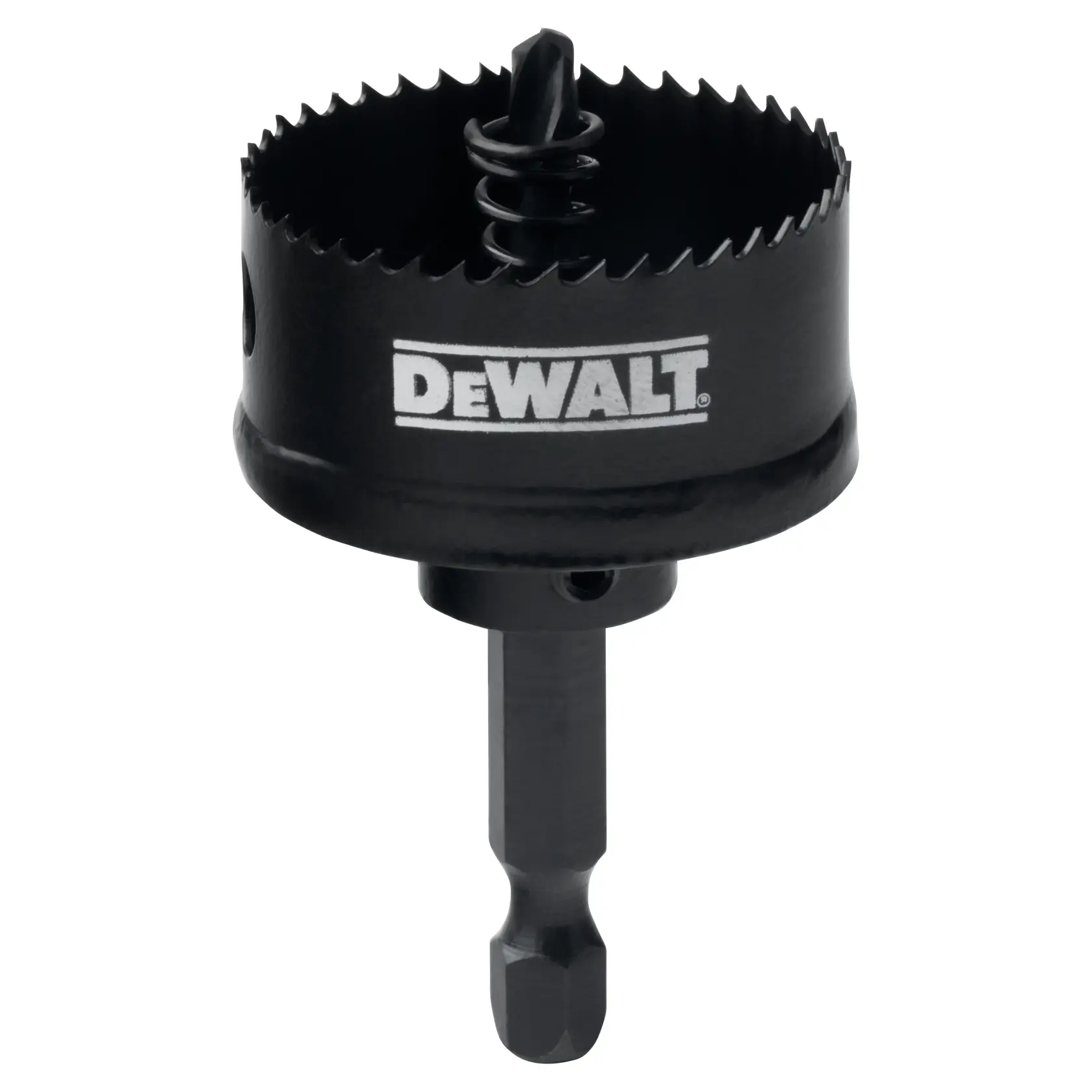 A black DEWALT hole saw drill bit with a hex shank and a spring-loaded center, designed for cutting circular holes in various materials.