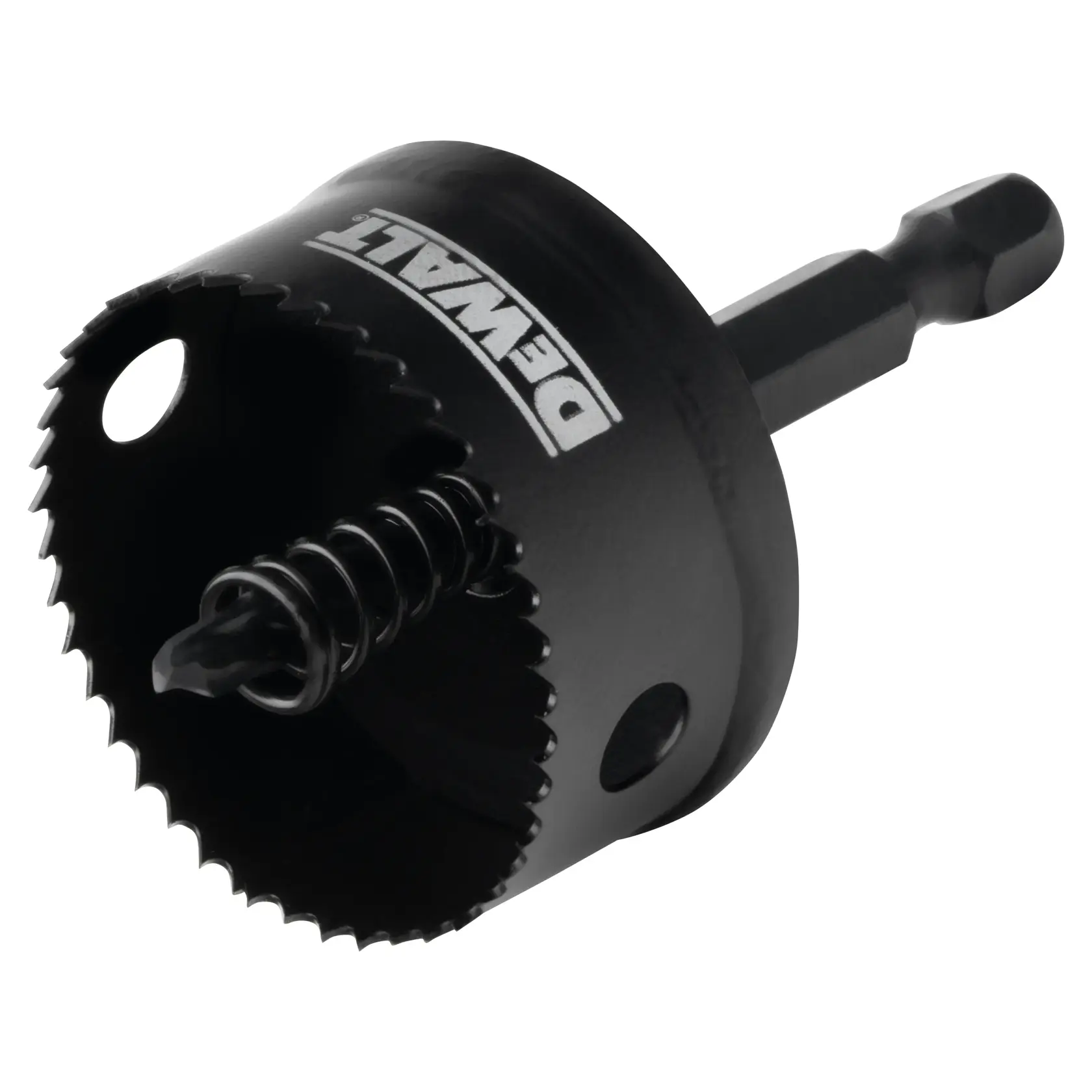 A close-up image of a DEWALT hole saw drill bit with a hex shank, designed for cutting holes in various materials.