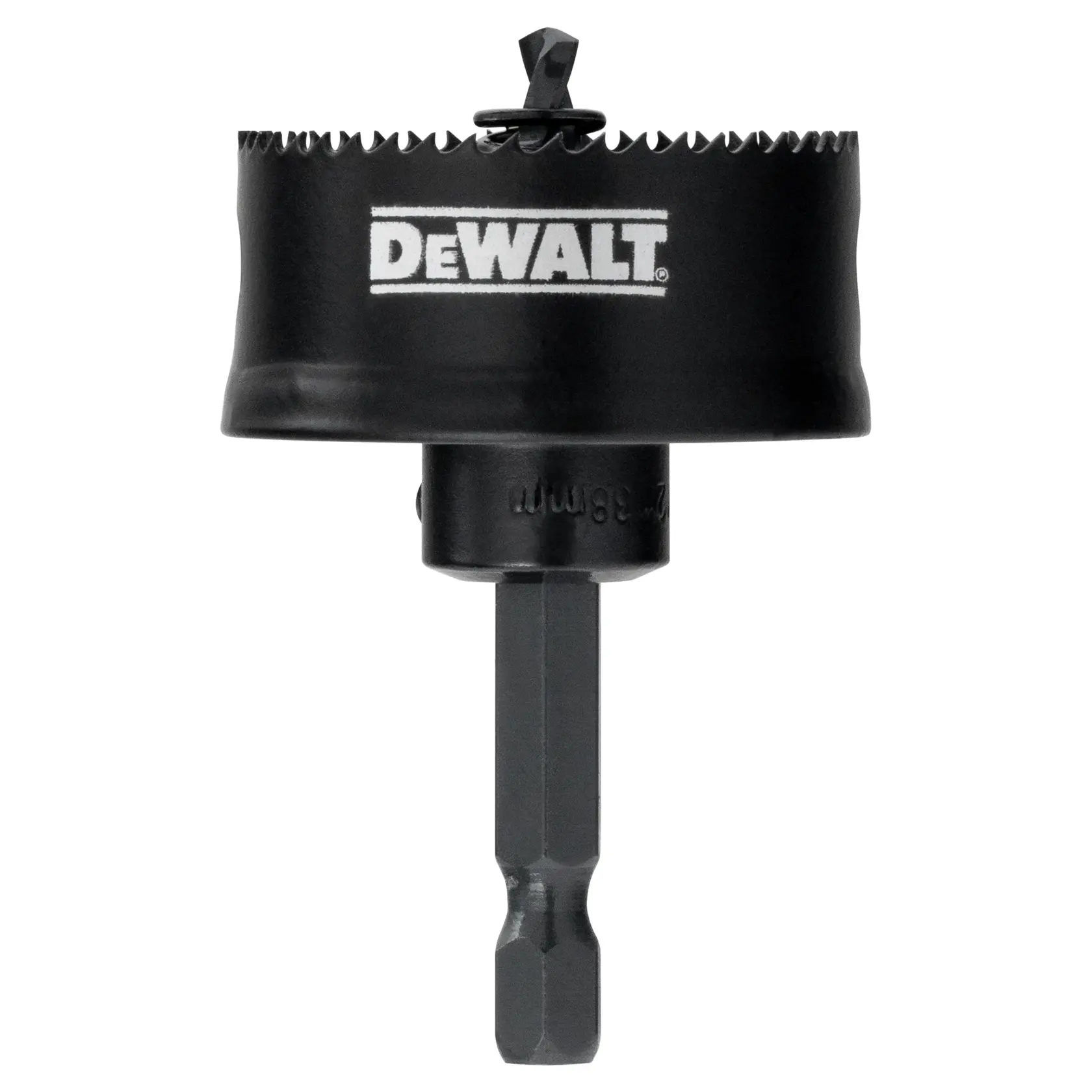 A close-up image of a DEWALT branded black hole saw drill bit, showing its cutting edge and hex shank.